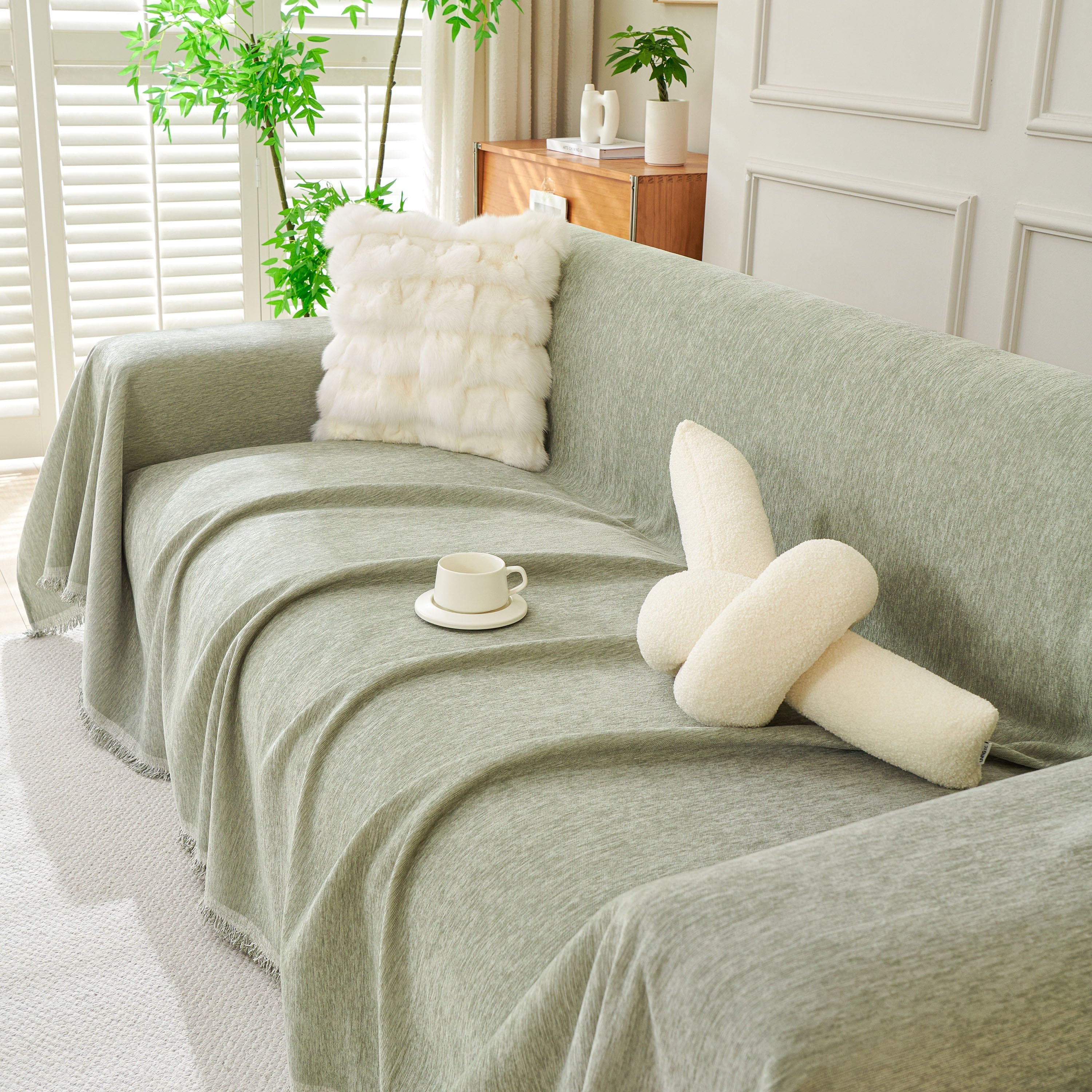 Solid Chenille Sofa Throw with Fringed Edge