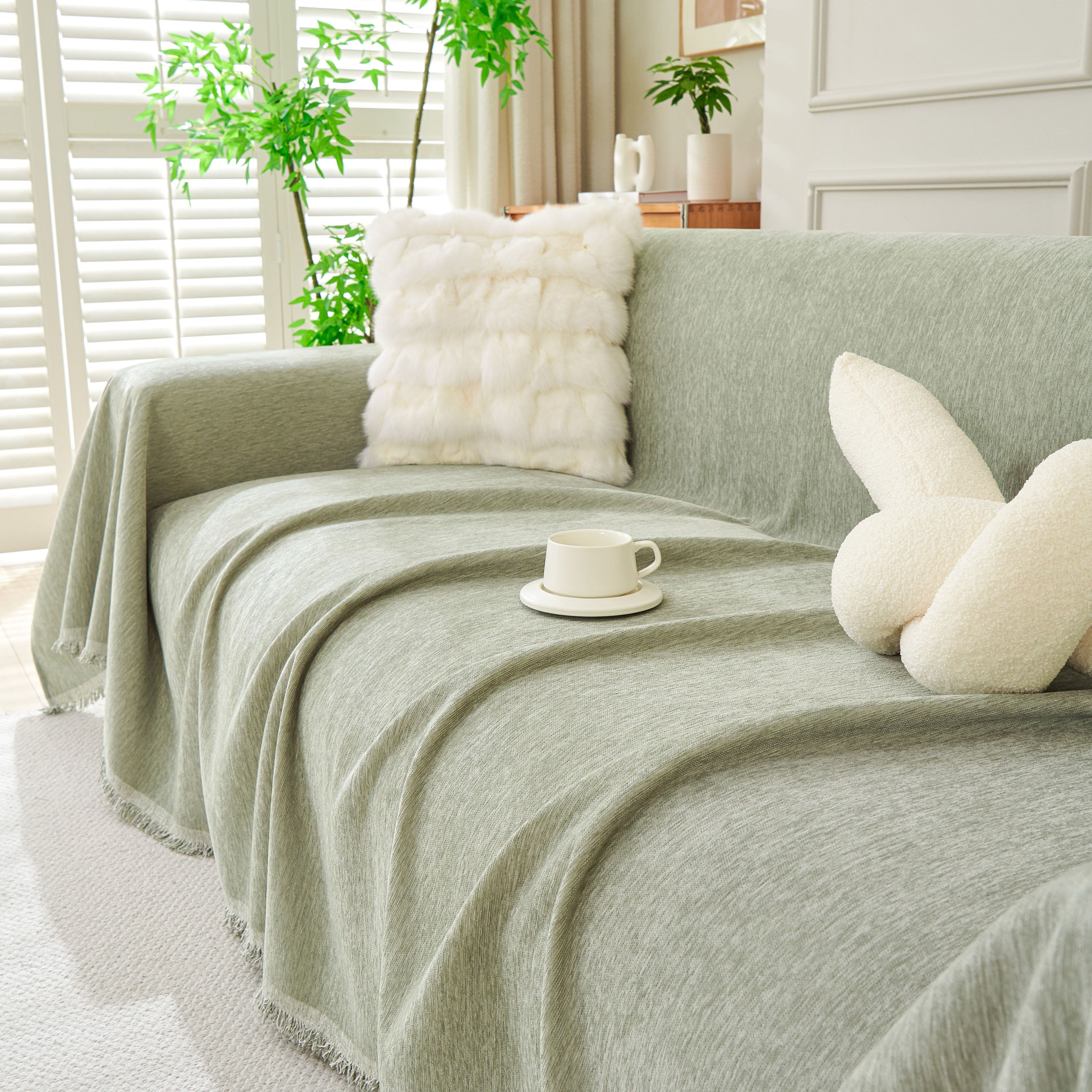 Solid Chenille Sofa Throw with Fringed Edge