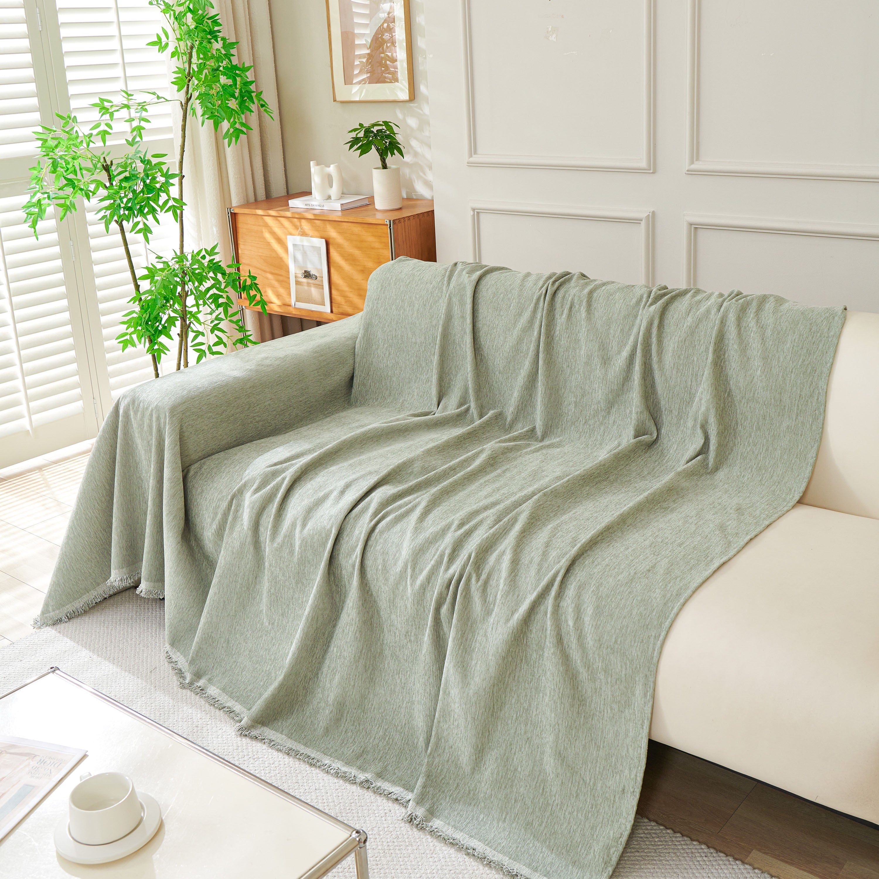 Solid Chenille Sofa Throw with Fringed Edge