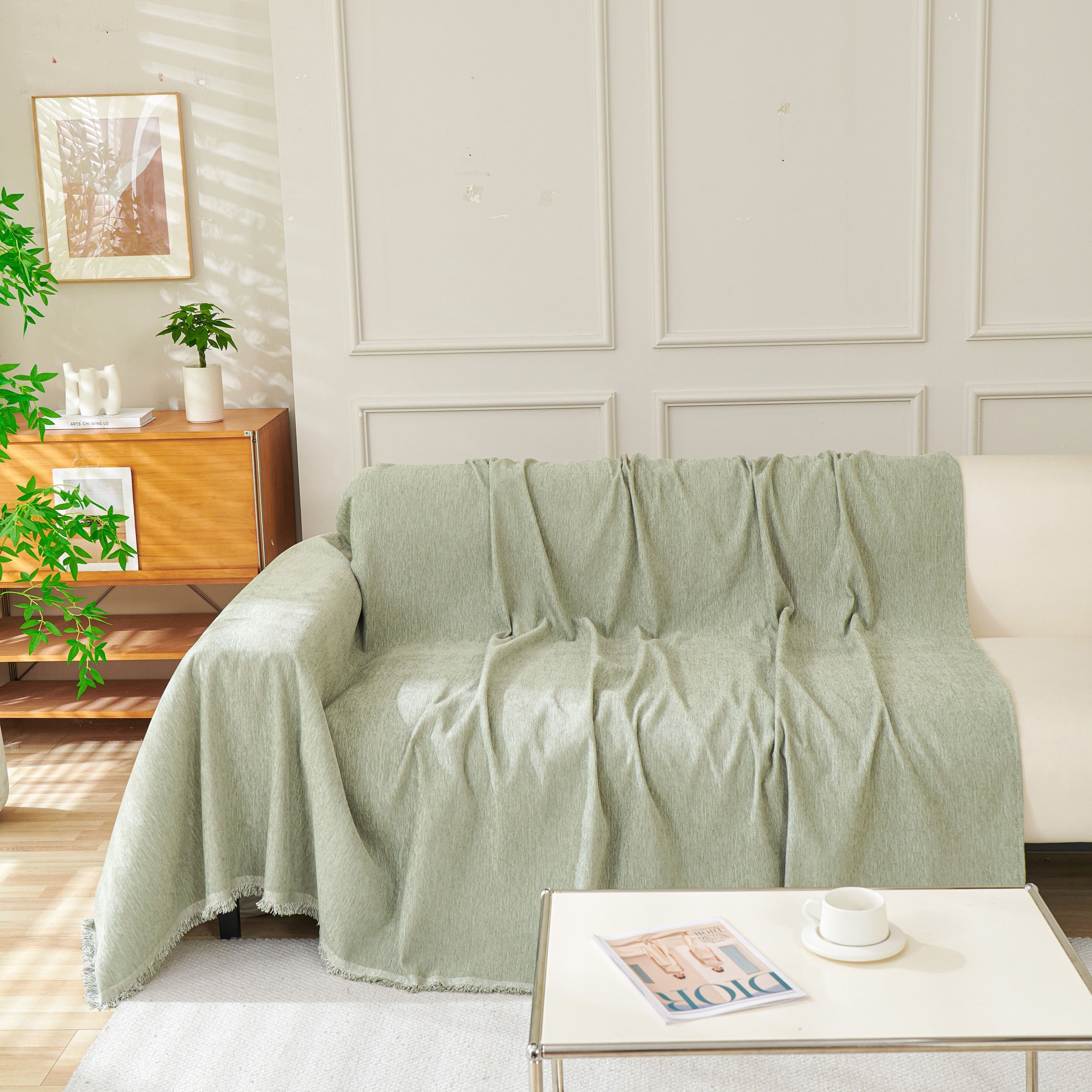 Solid Chenille Sofa Throw with Fringed Edge