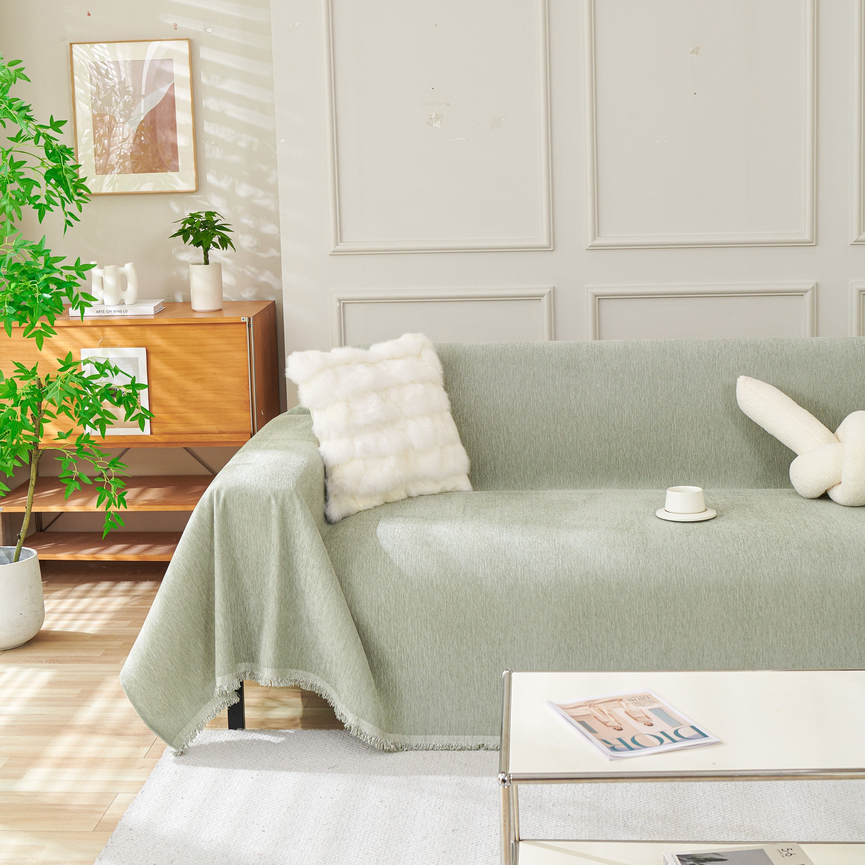 Solid Chenille Sofa Throw with Fringed Edge
