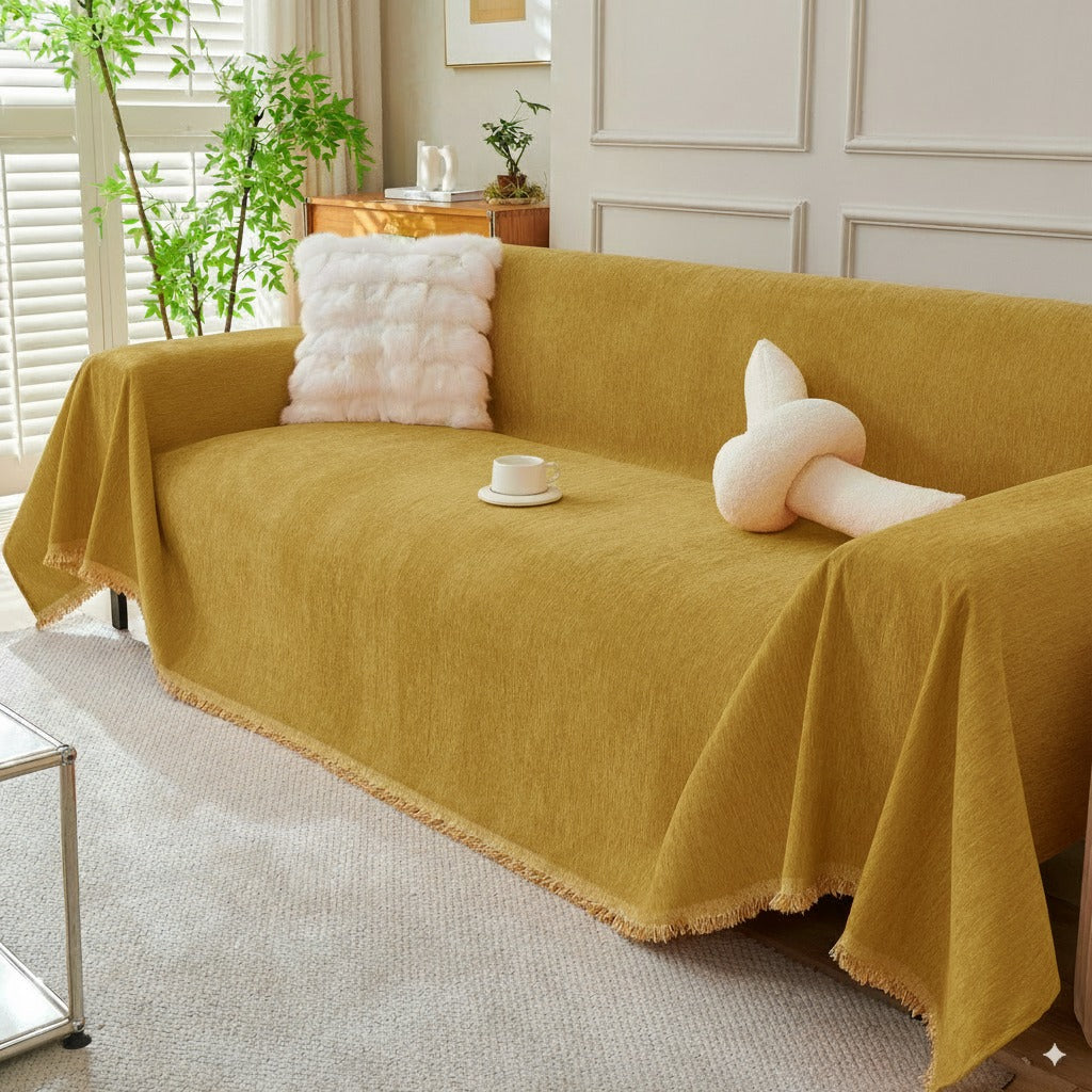 Solid Chenille Sofa Throw with Fringed Edge