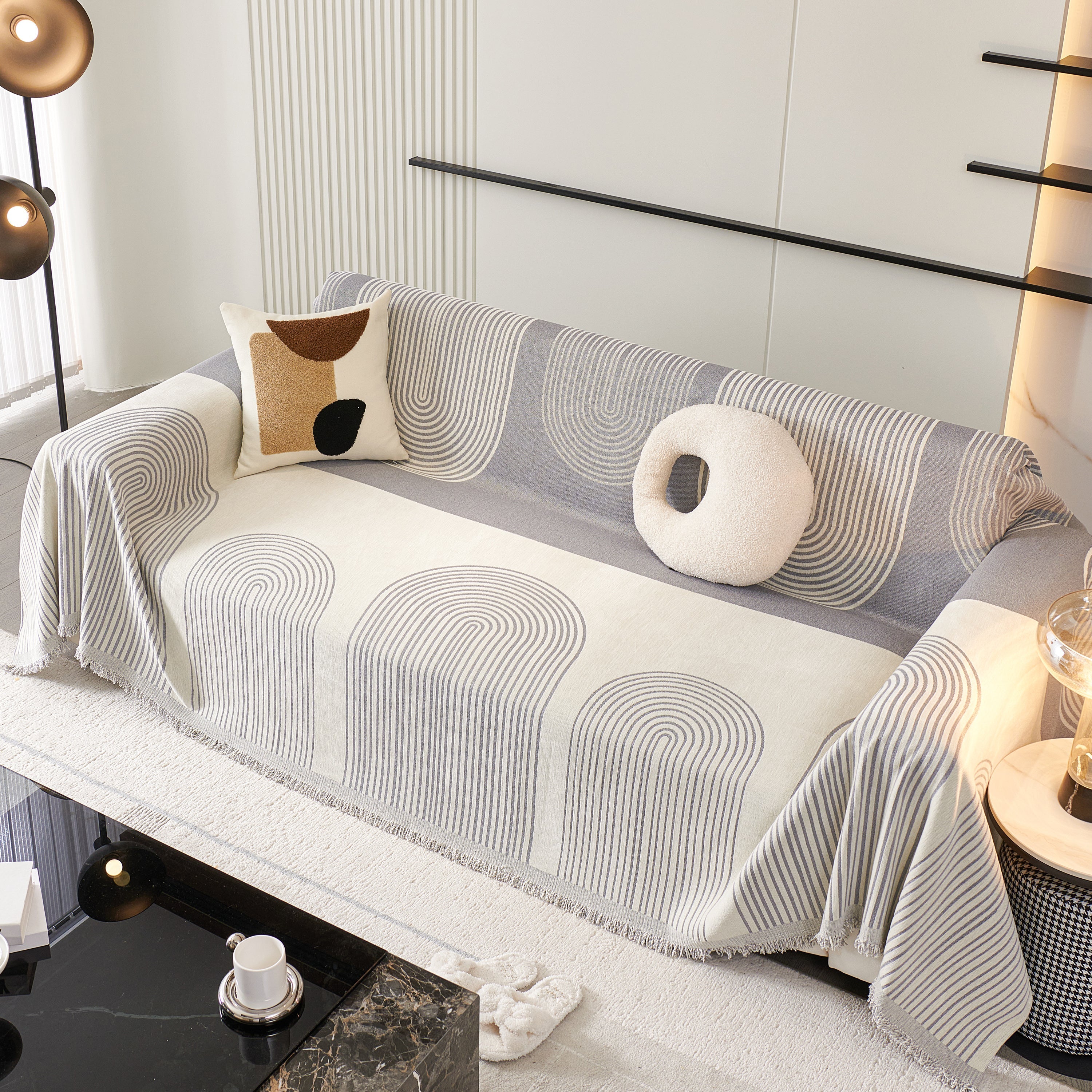 Striped Chenille Sofa Cover with Fringe Trim