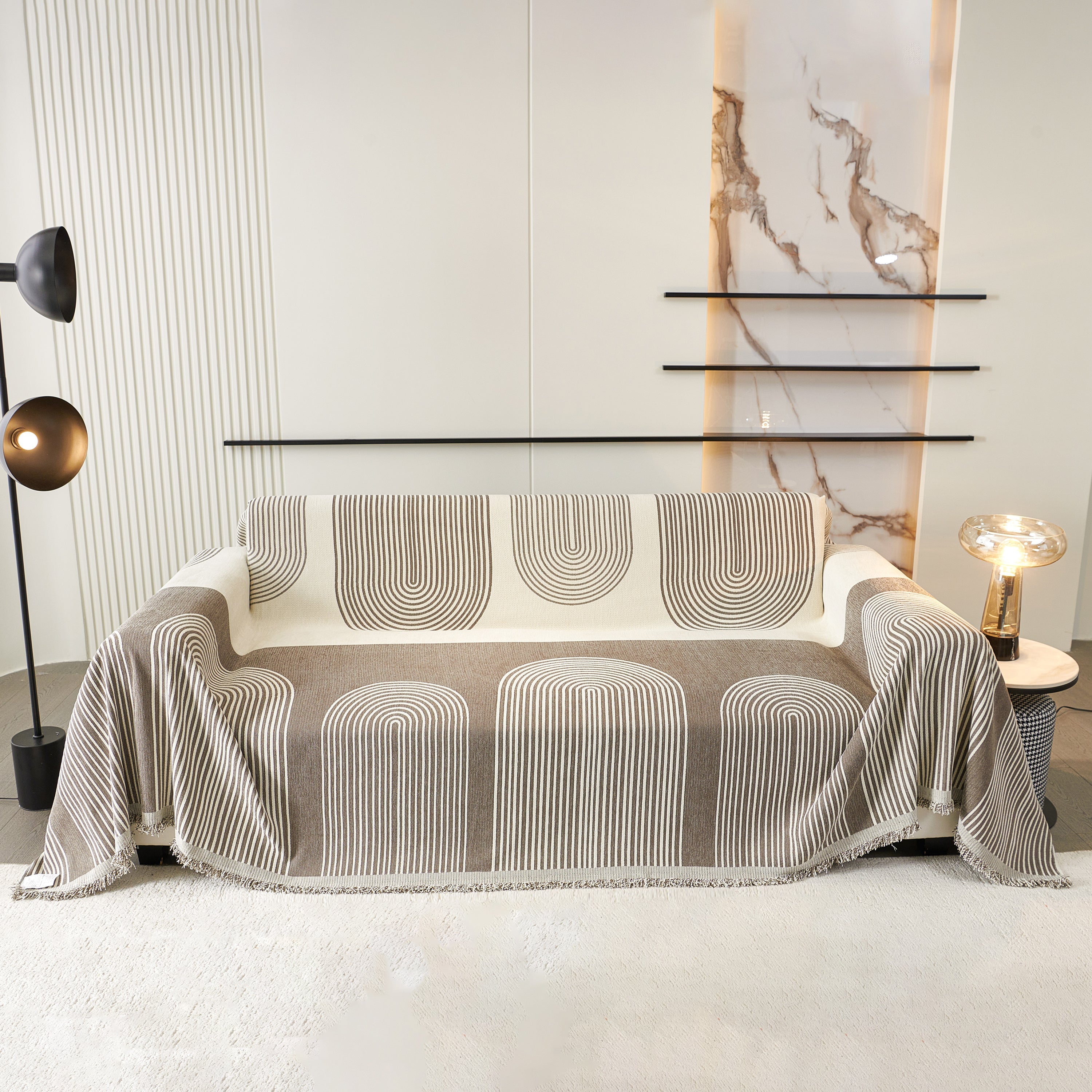 Striped Chenille Sofa Cover with Fringe Trim