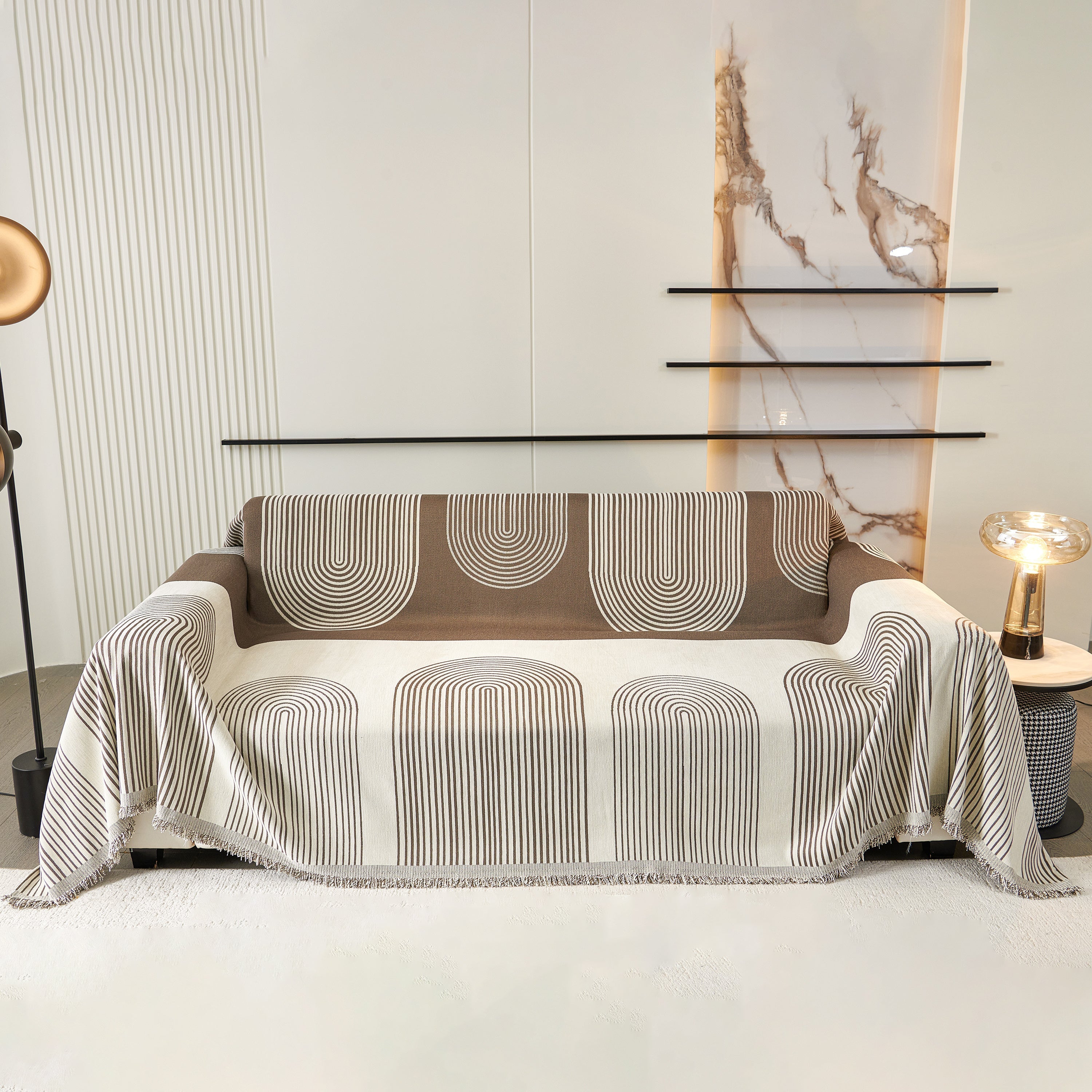 Striped Chenille Sofa Cover with Fringe Trim