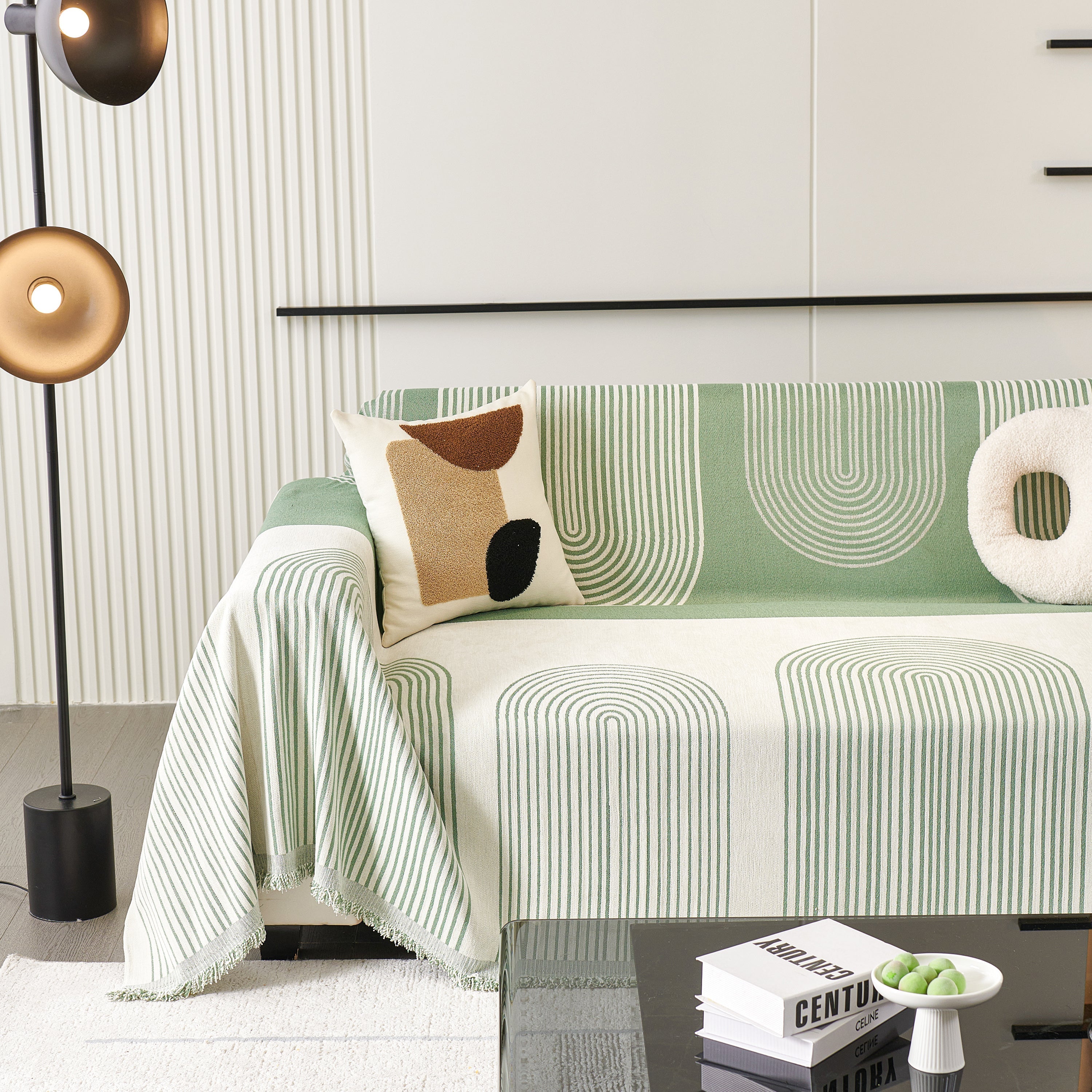 Striped Chenille Sofa Cover with Fringe Trim