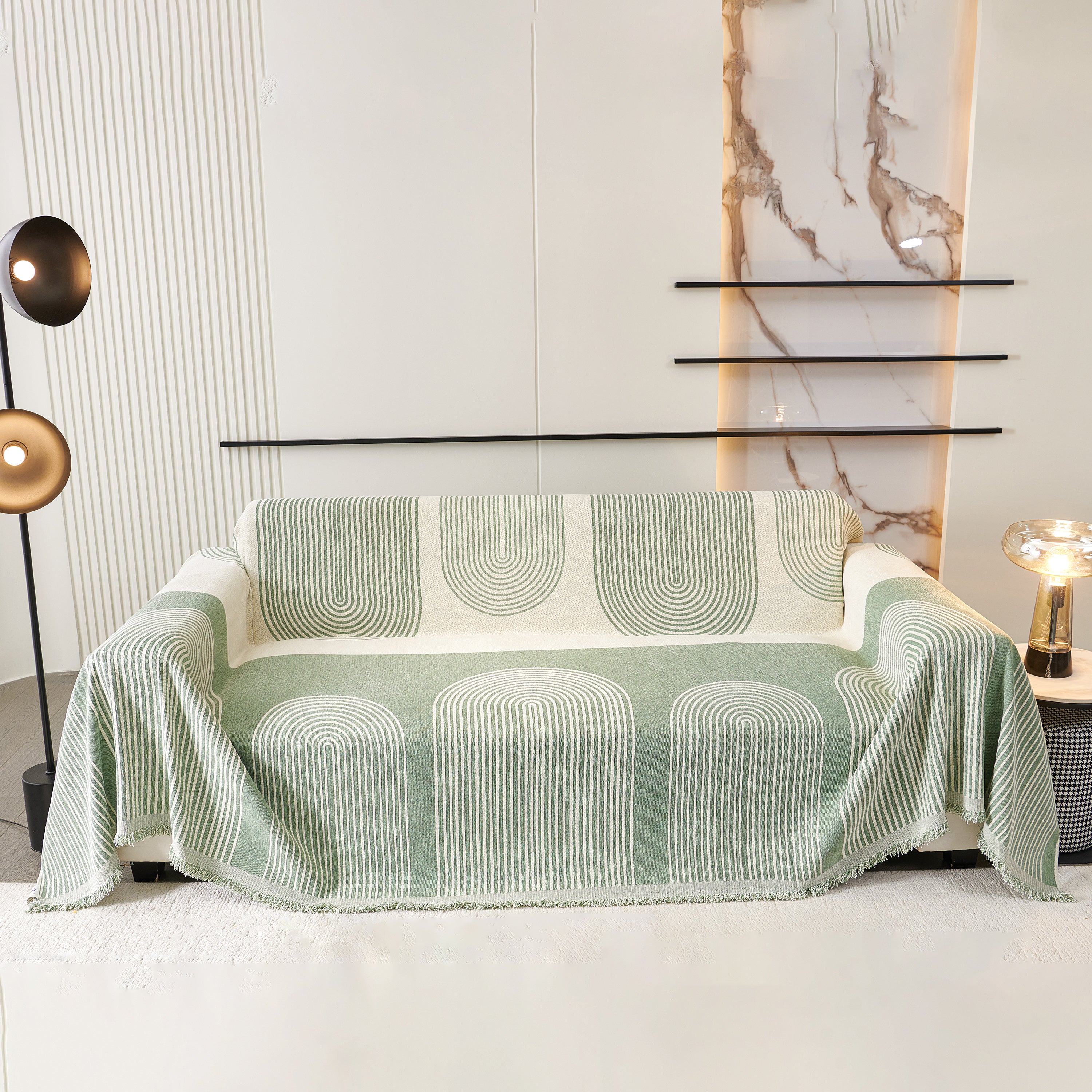 Striped Chenille Sofa Cover with Fringe Trim