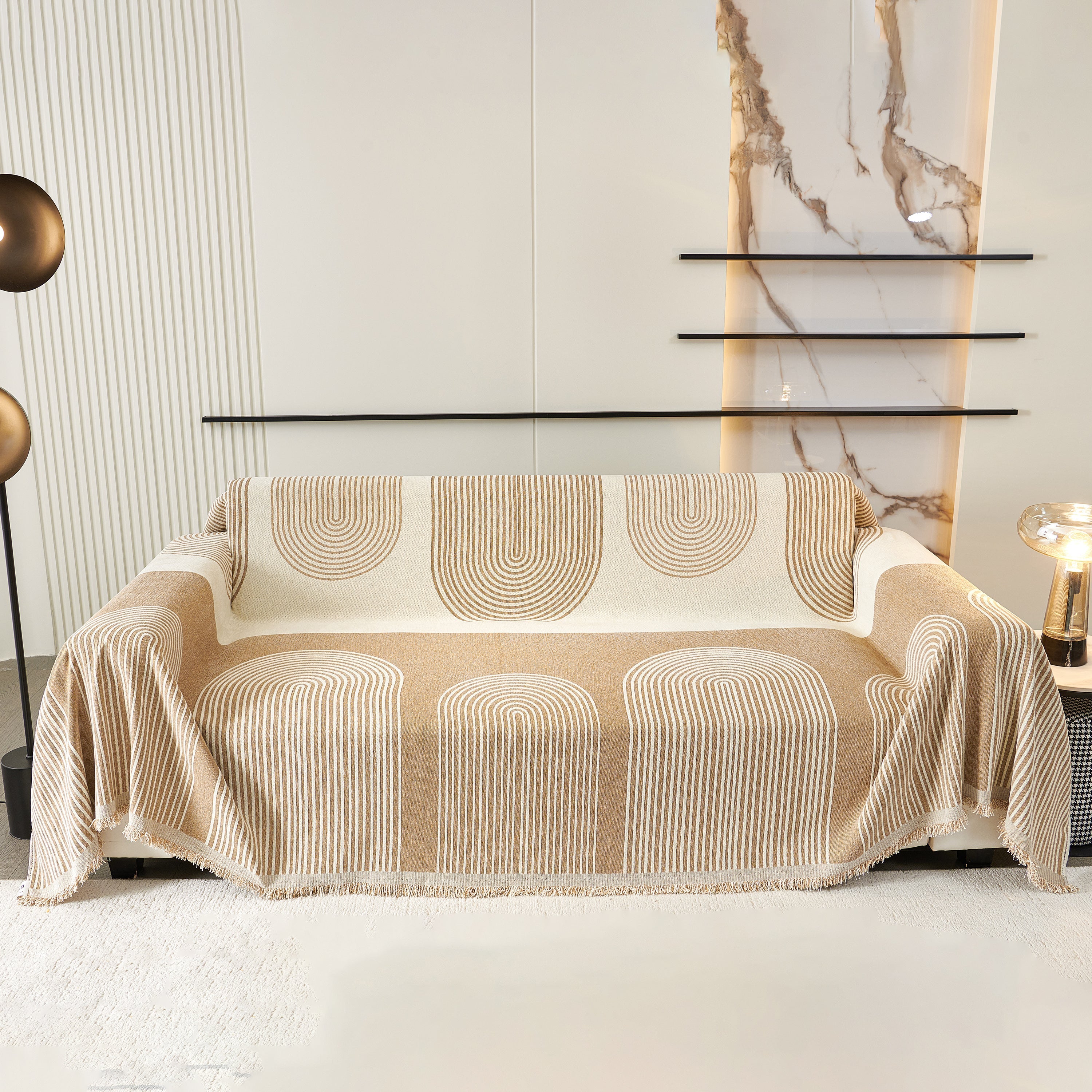 Striped Chenille Sofa Cover with Fringe Trim