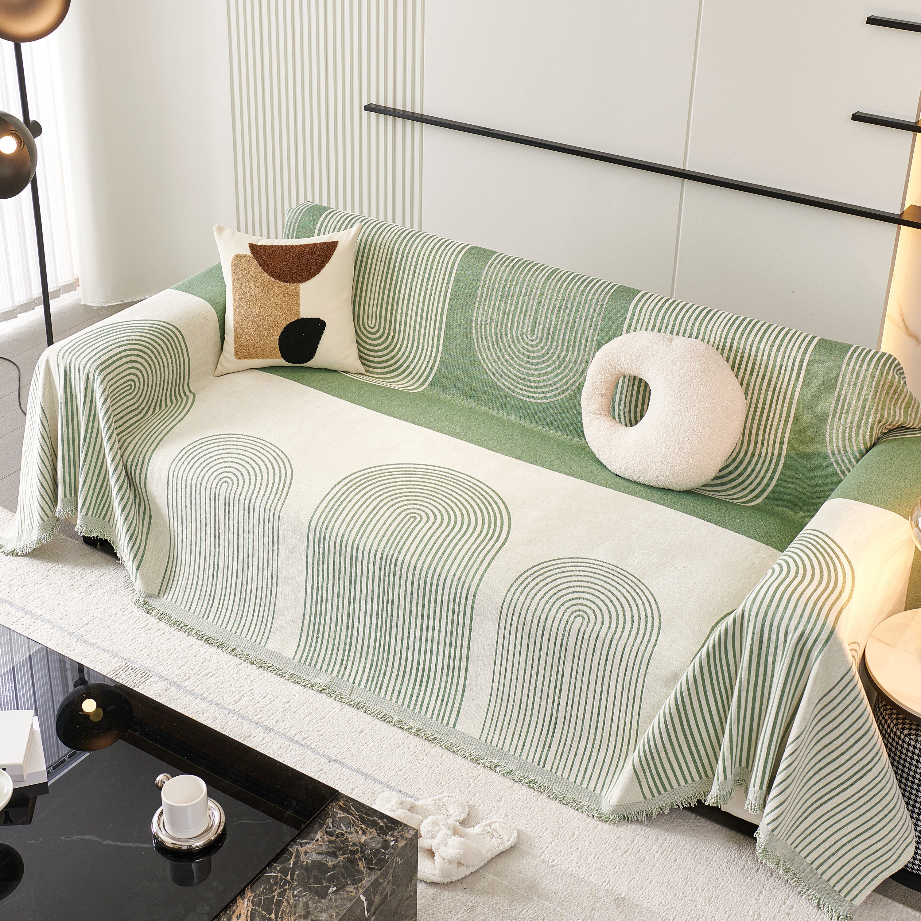Striped Chenille Sofa Cover with Fringe Trim