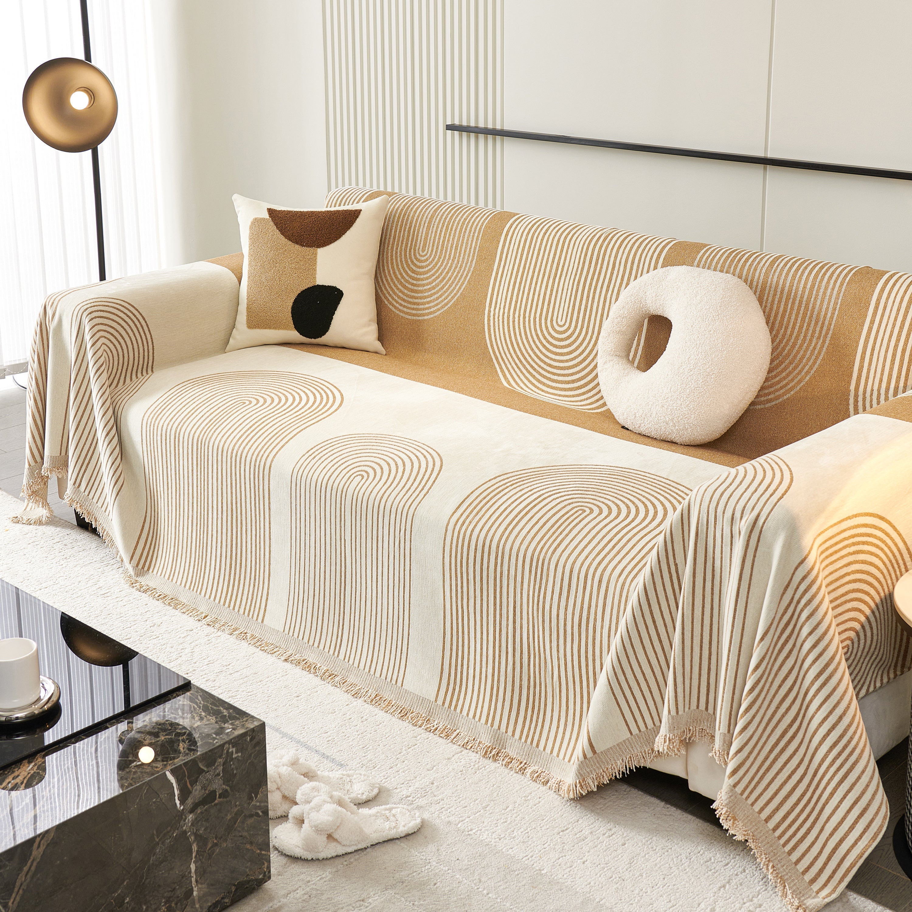 Striped Chenille Sofa Cover with Fringe Trim