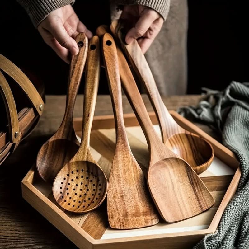 Teak Wood Utensil Set with Ergonomic Handles