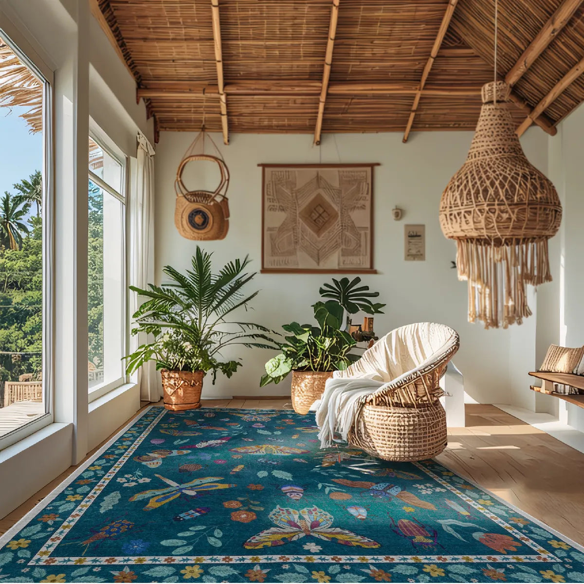 Teal Botanical Insect Rug with Floral Border