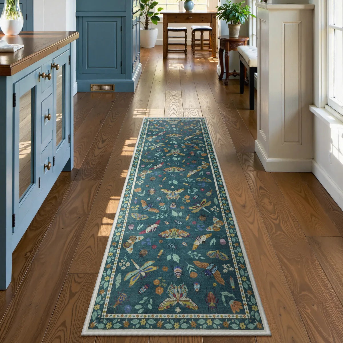 Teal Botanical Insect Rug with Floral Border