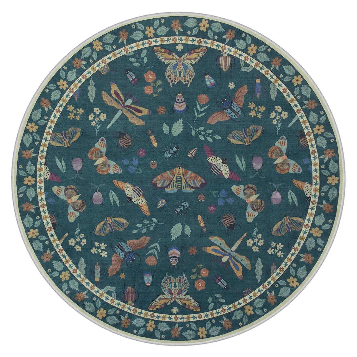 Teal Botanical Insect Rug with Floral Border