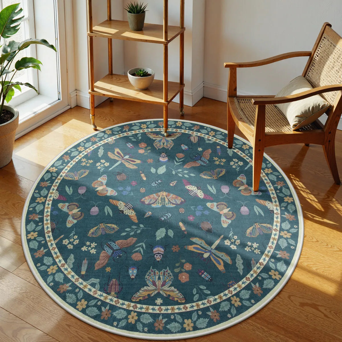 Teal Botanical Insect Rug with Floral Border