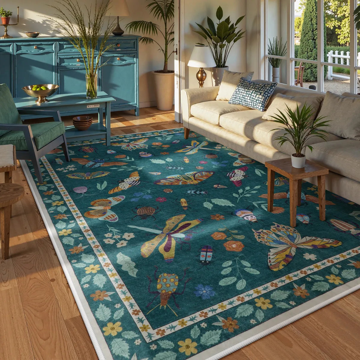 Teal Botanical Insect Rug with Floral Border