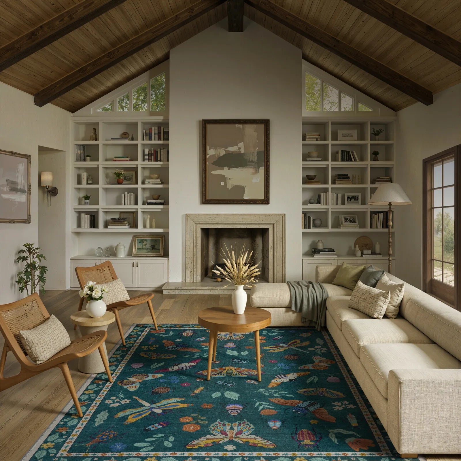 Teal Botanical Insect Rug with Floral Border