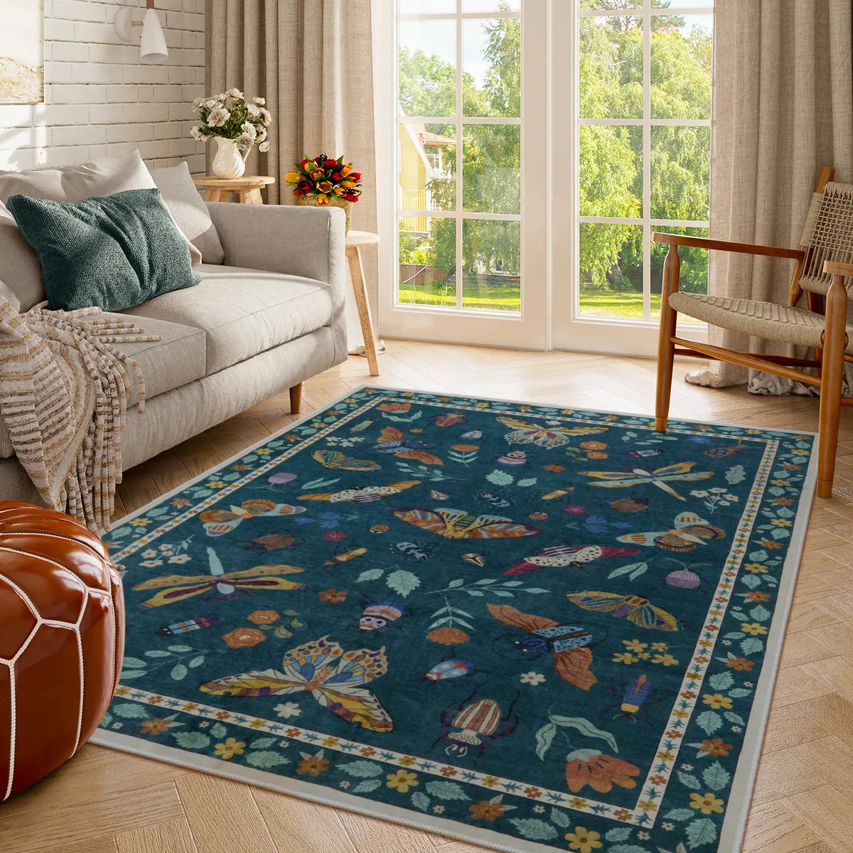 Teal Botanical Insect Rug with Floral Border
