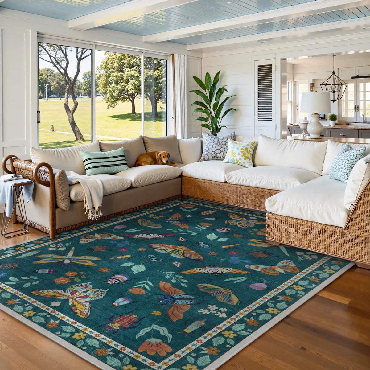 Teal Botanical Insect Rug with Floral Border