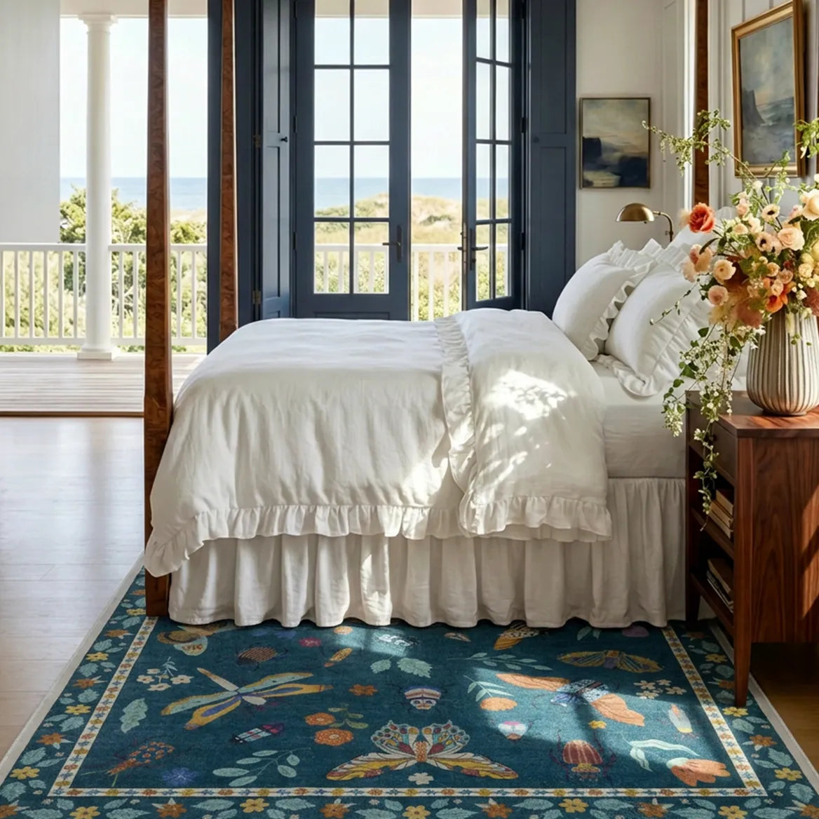 Teal Botanical Insect Rug with Floral Border