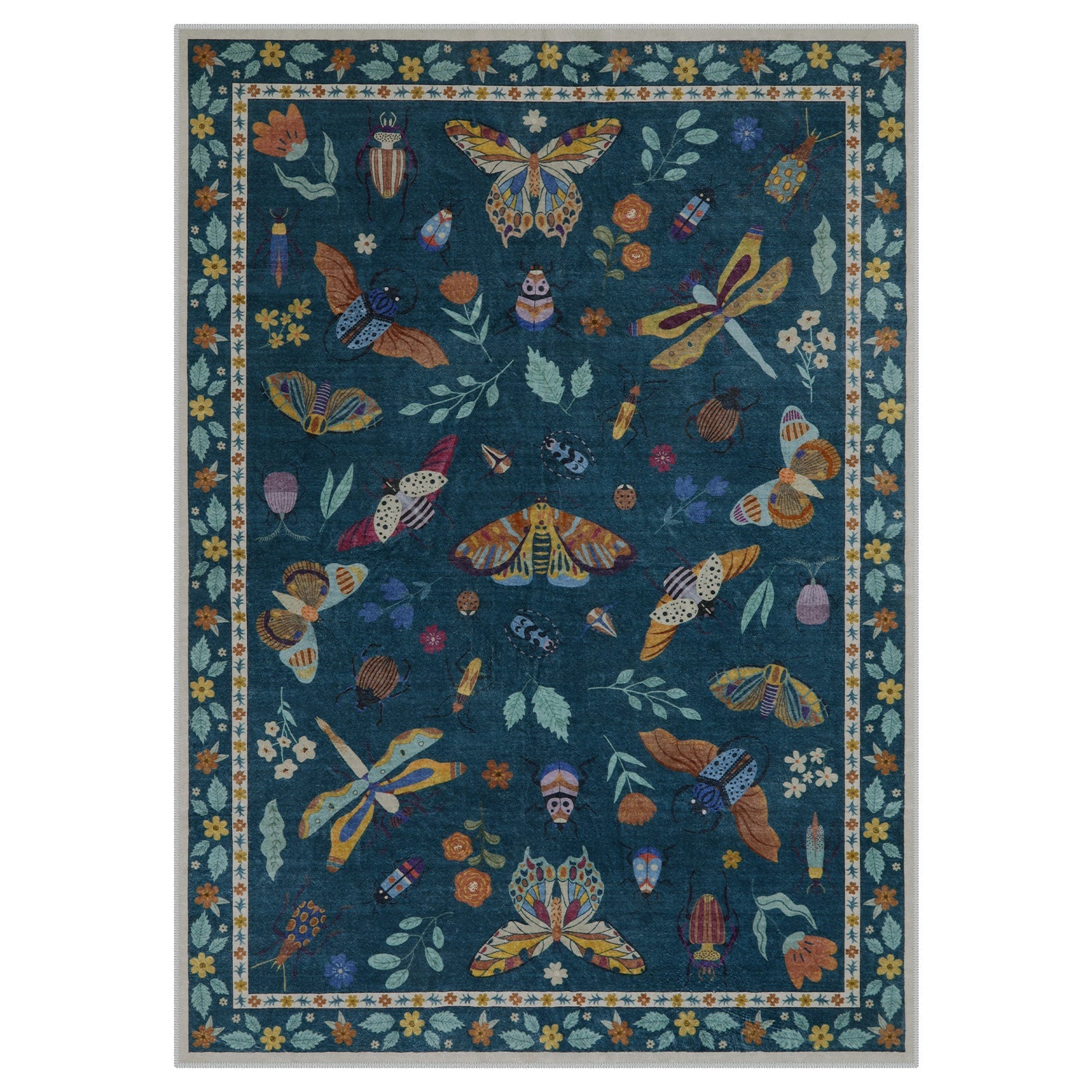 Teal Botanical Insect Rug with Floral Border