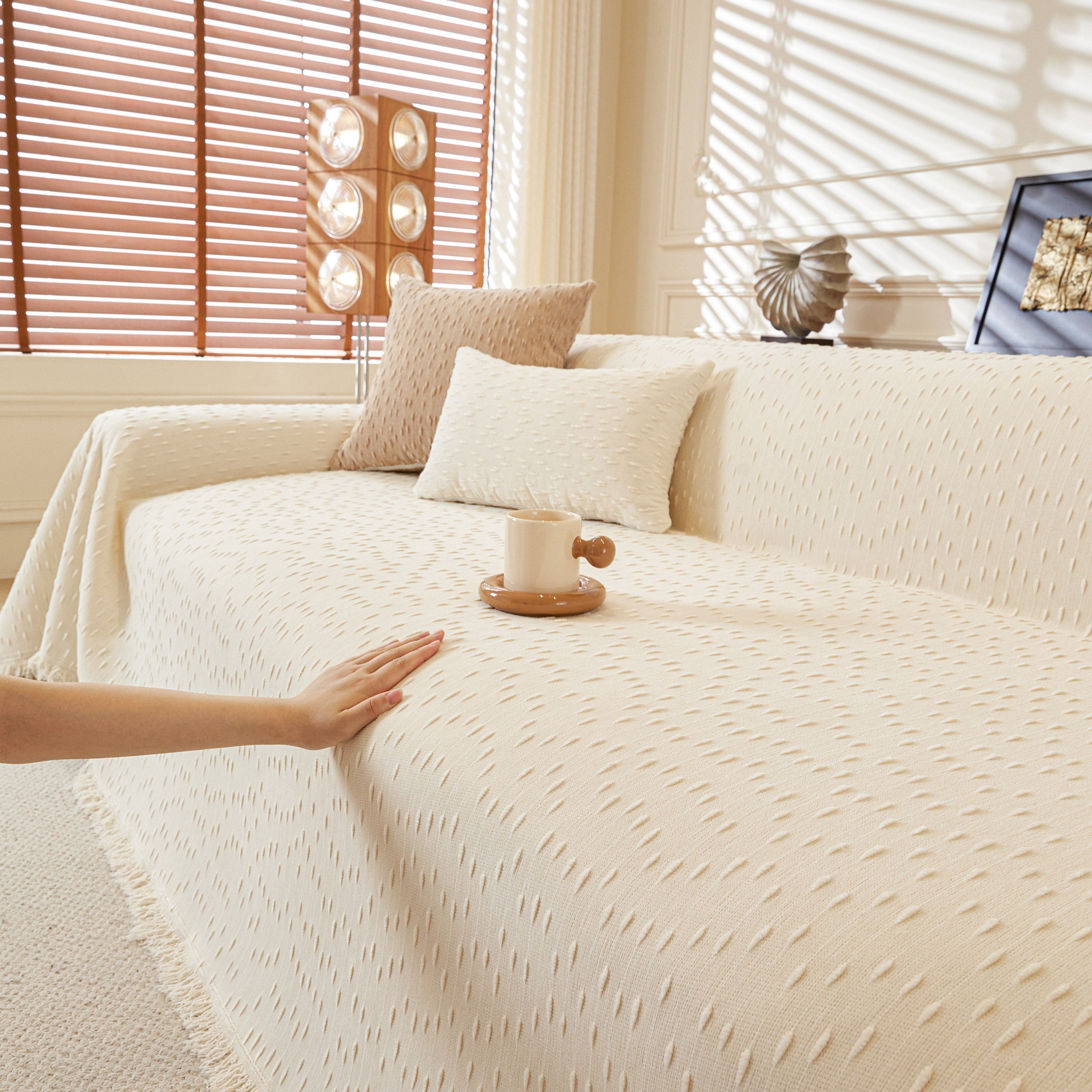 Textured Chenille Sofa Cover with Fringe Trim