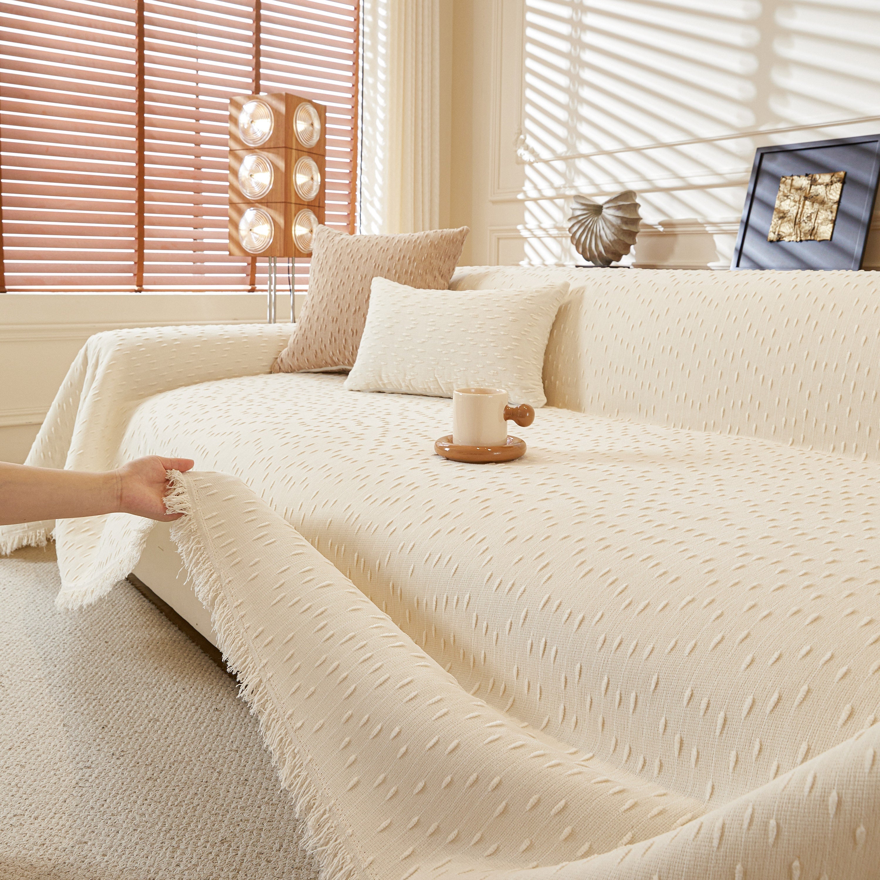 Textured Chenille Sofa Cover with Fringe Trim