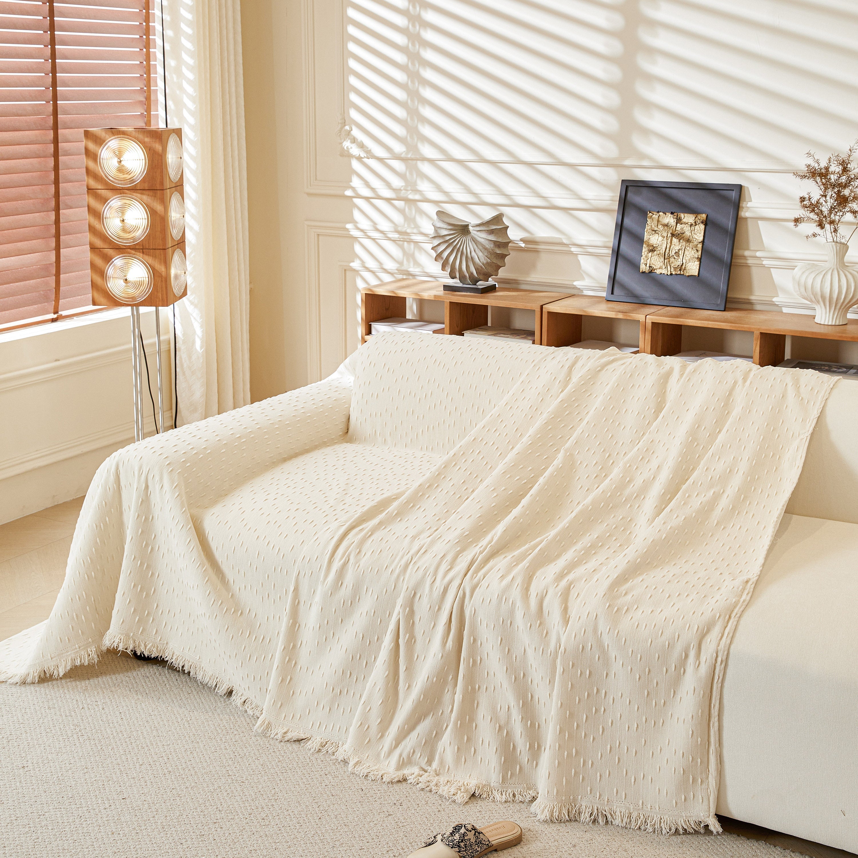 Textured Chenille Sofa Cover with Fringe Trim