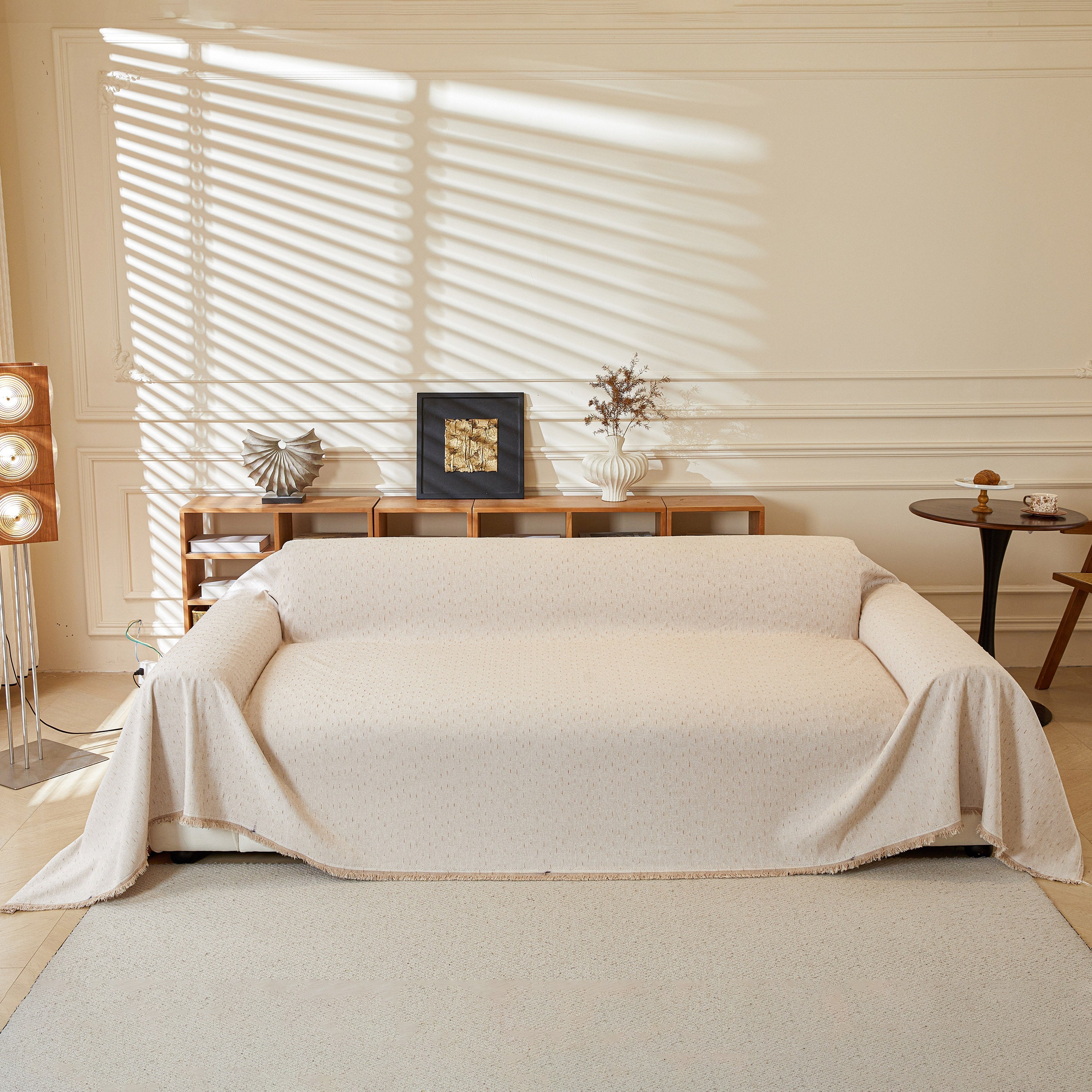Textured Chenille Sofa Cover with Fringe Trim