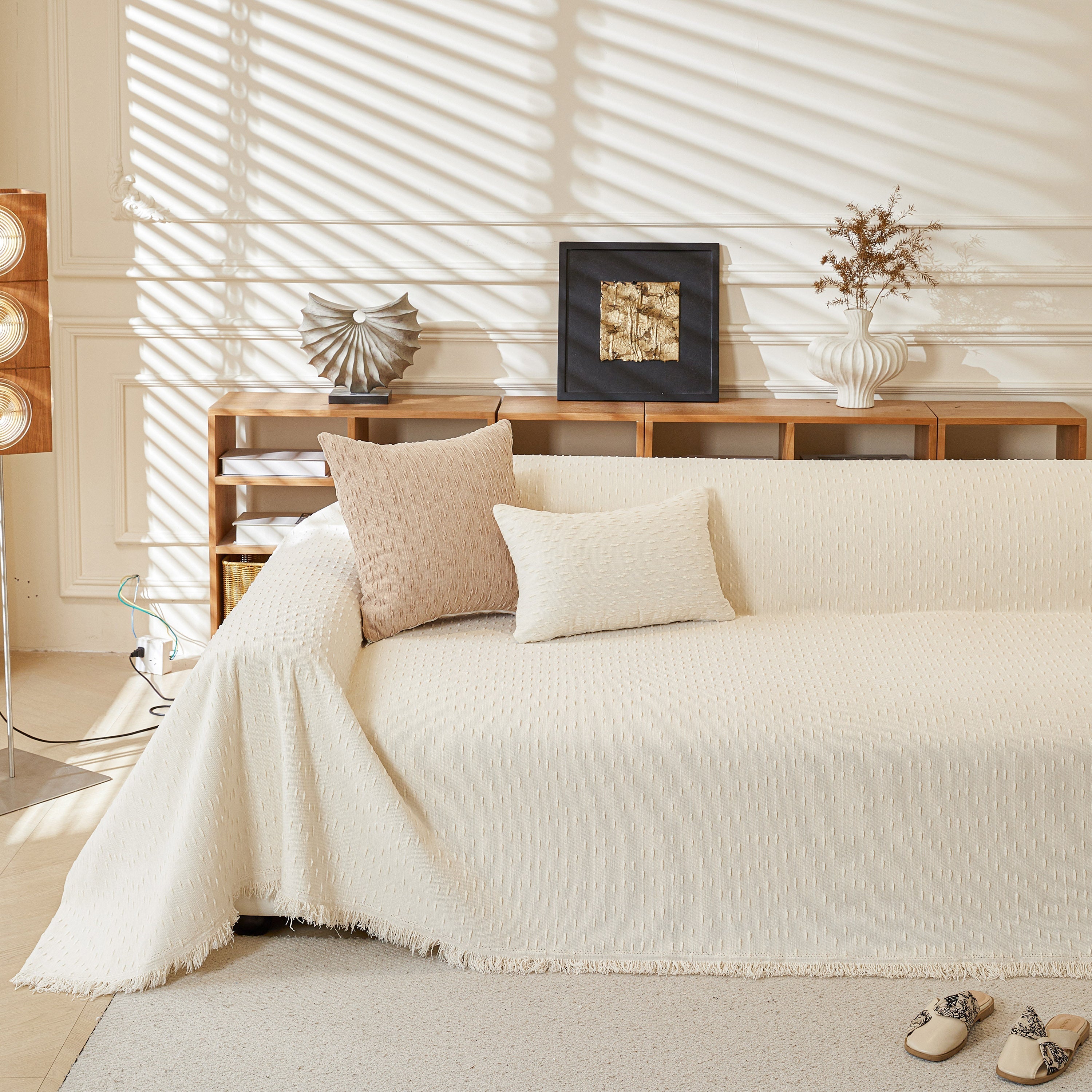 Textured Chenille Sofa Cover with Fringe Trim