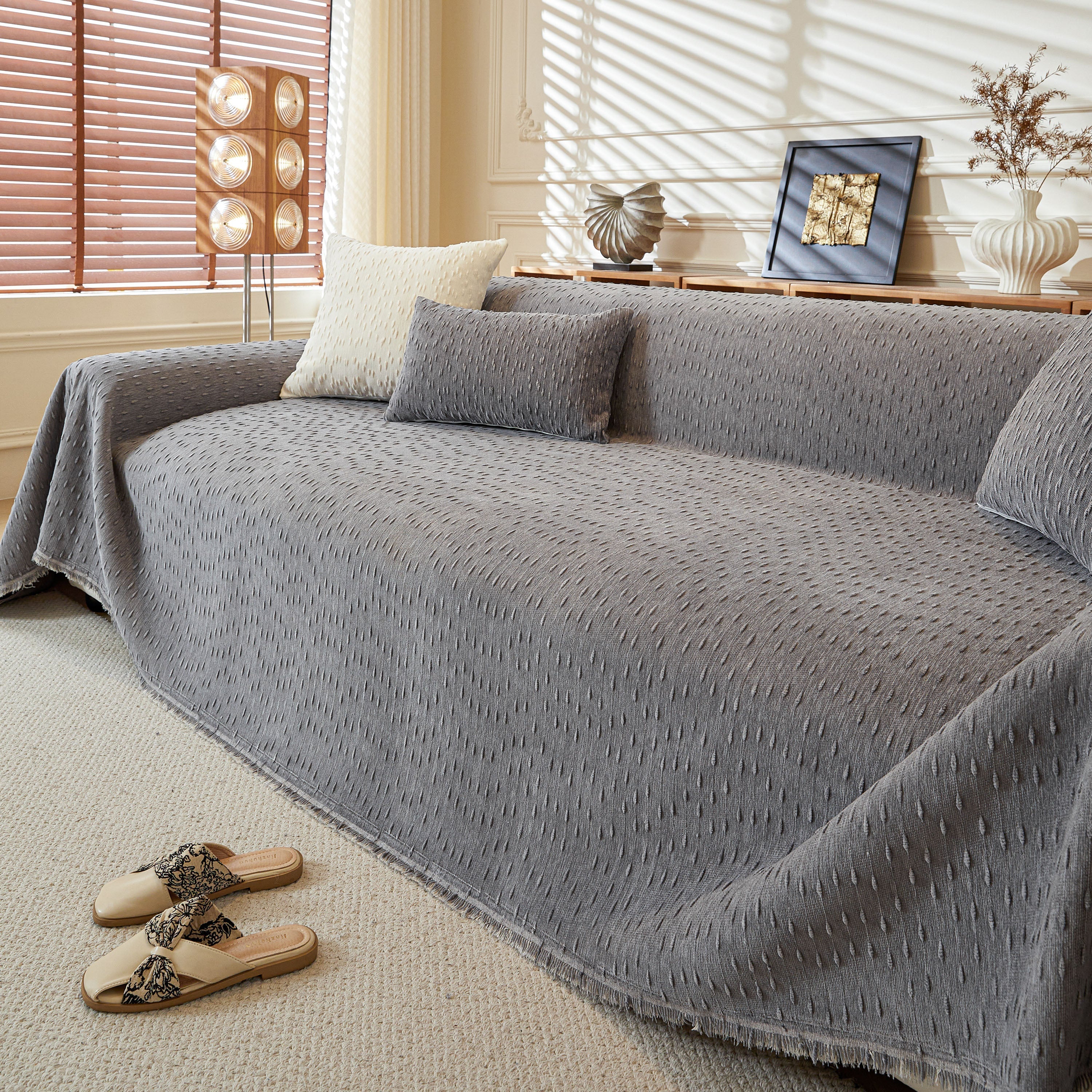 Textured Chenille Sofa Cover with Fringe Trim