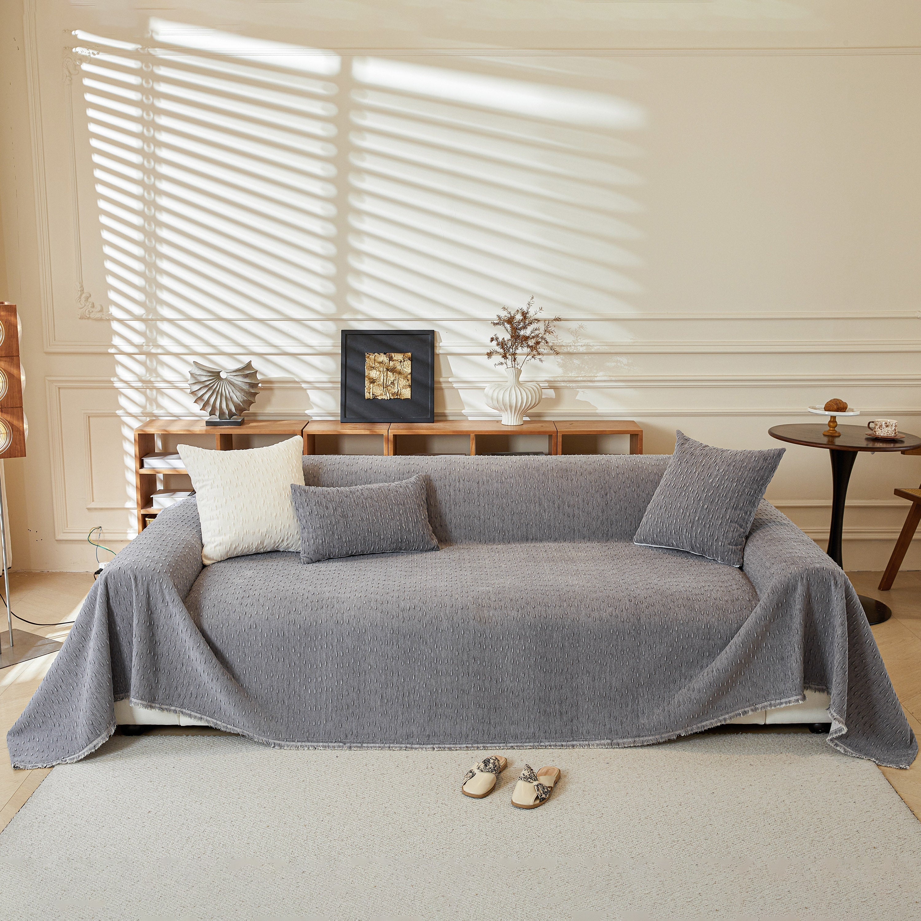 Textured Chenille Sofa Cover with Fringe Trim