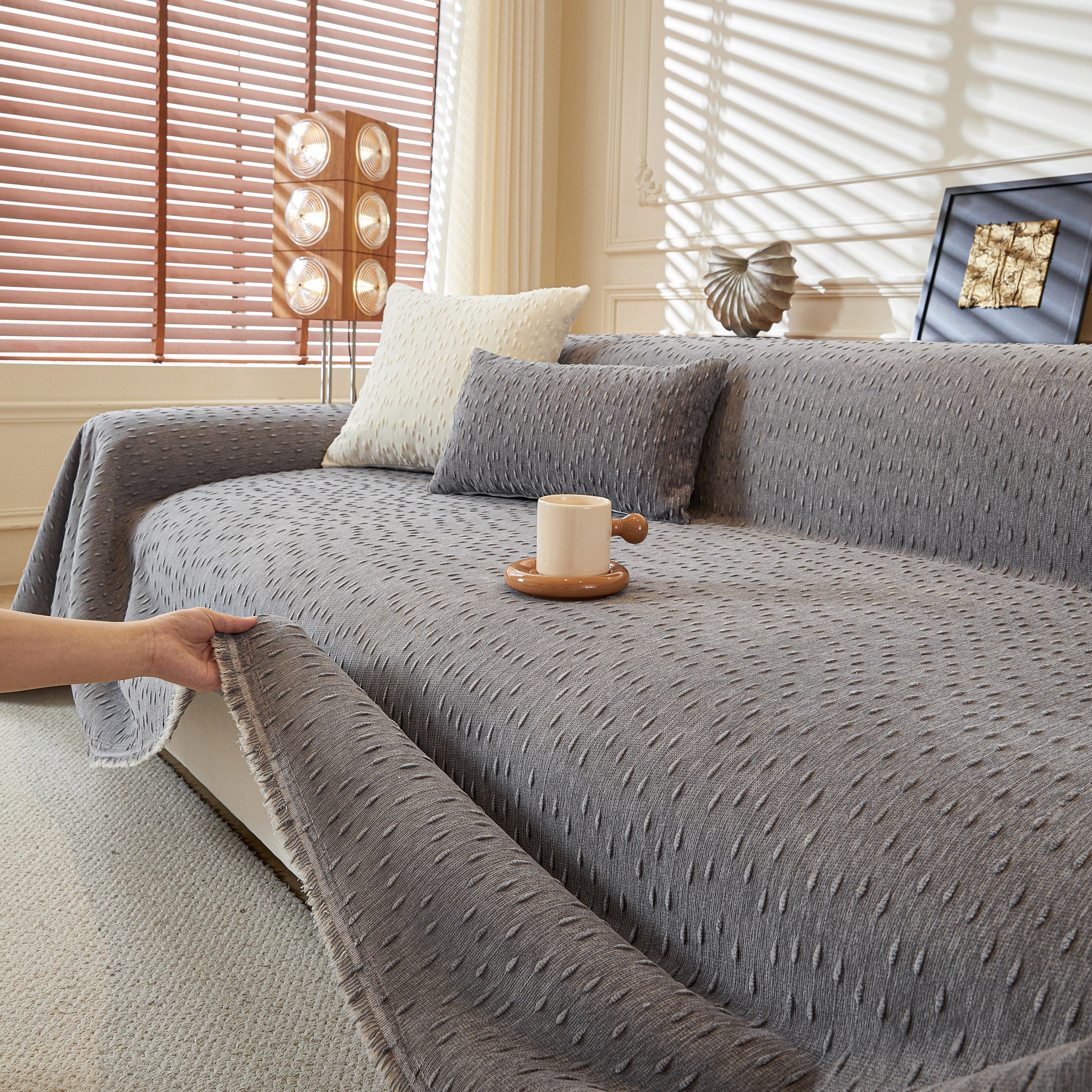 Textured Chenille Sofa Cover with Fringe Trim