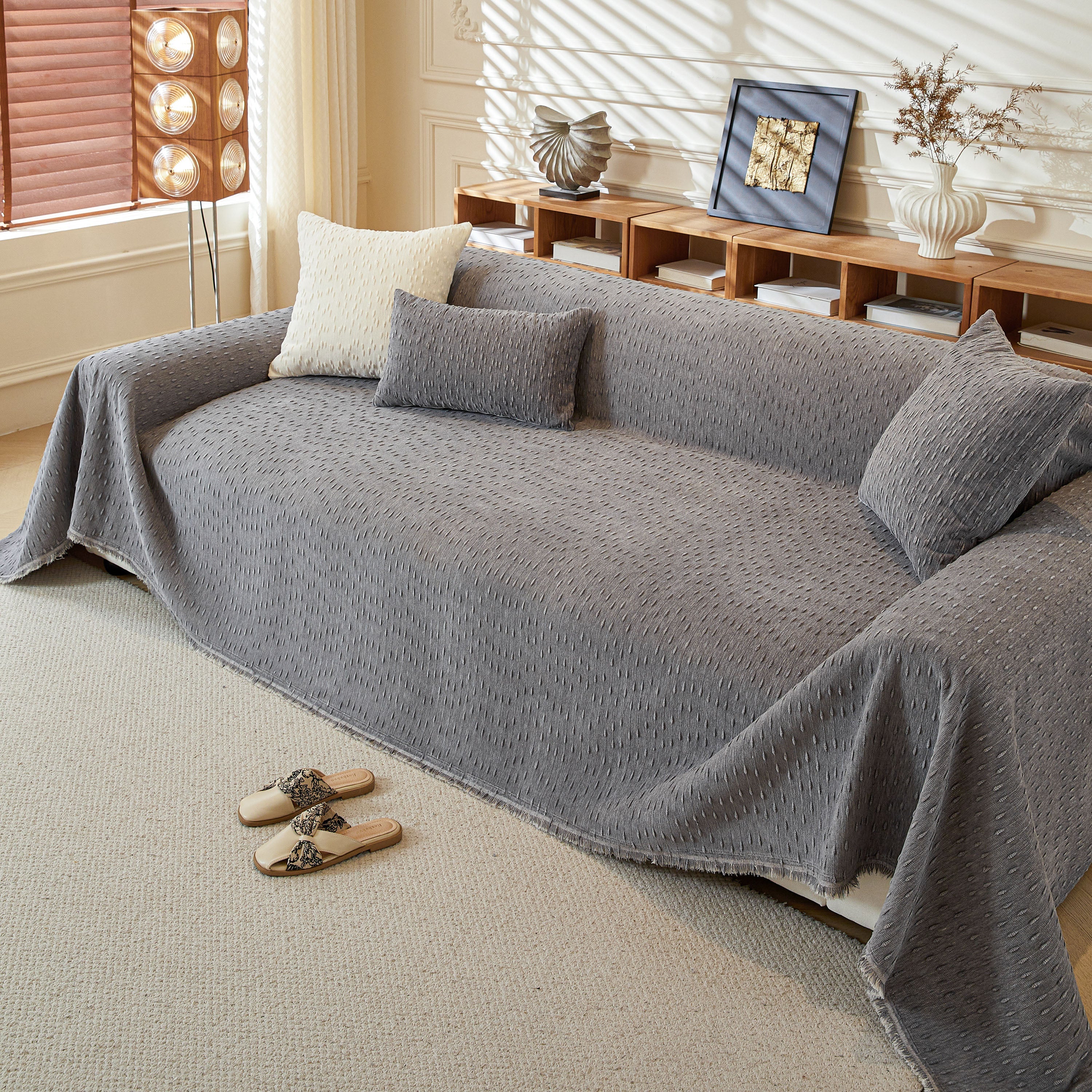 Textured Chenille Sofa Cover with Fringe Trim