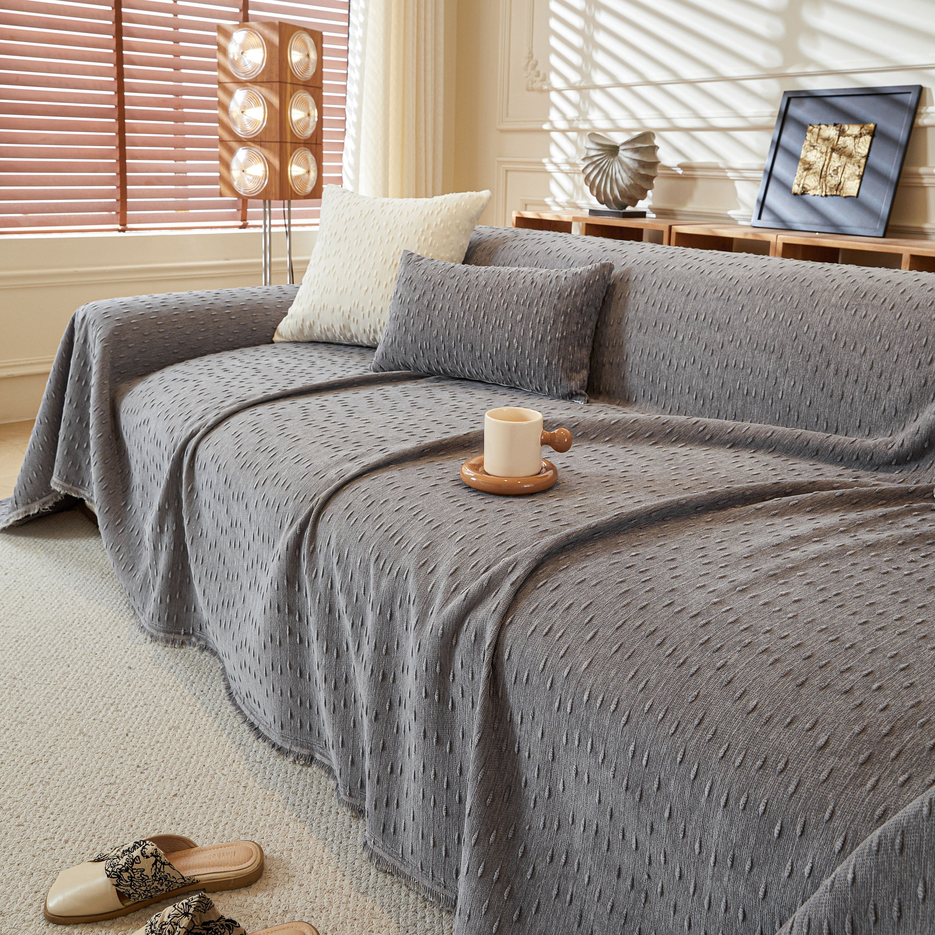 Textured Chenille Sofa Cover with Fringe Trim