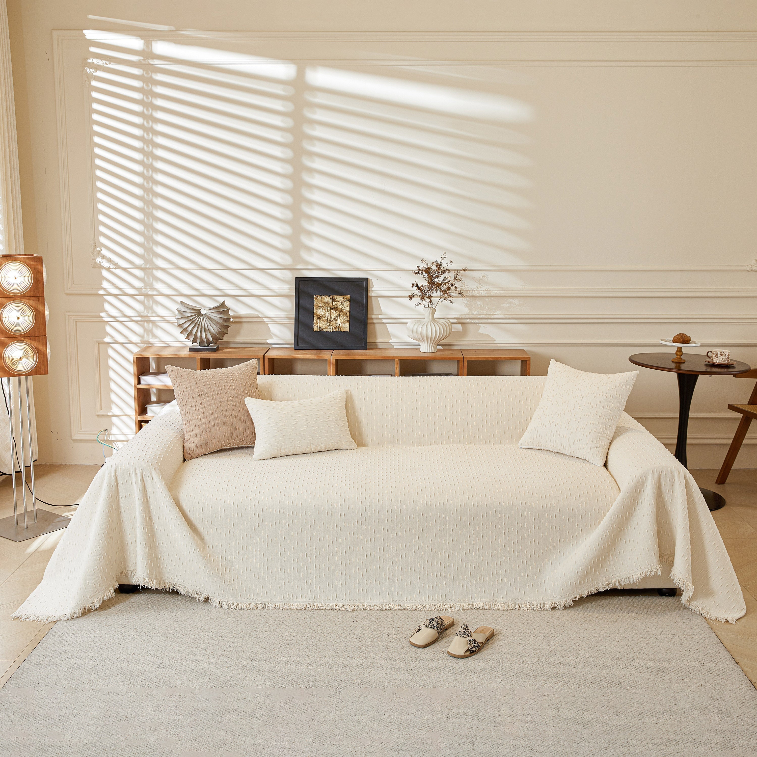 Textured Chenille Sofa Cover with Fringe Trim