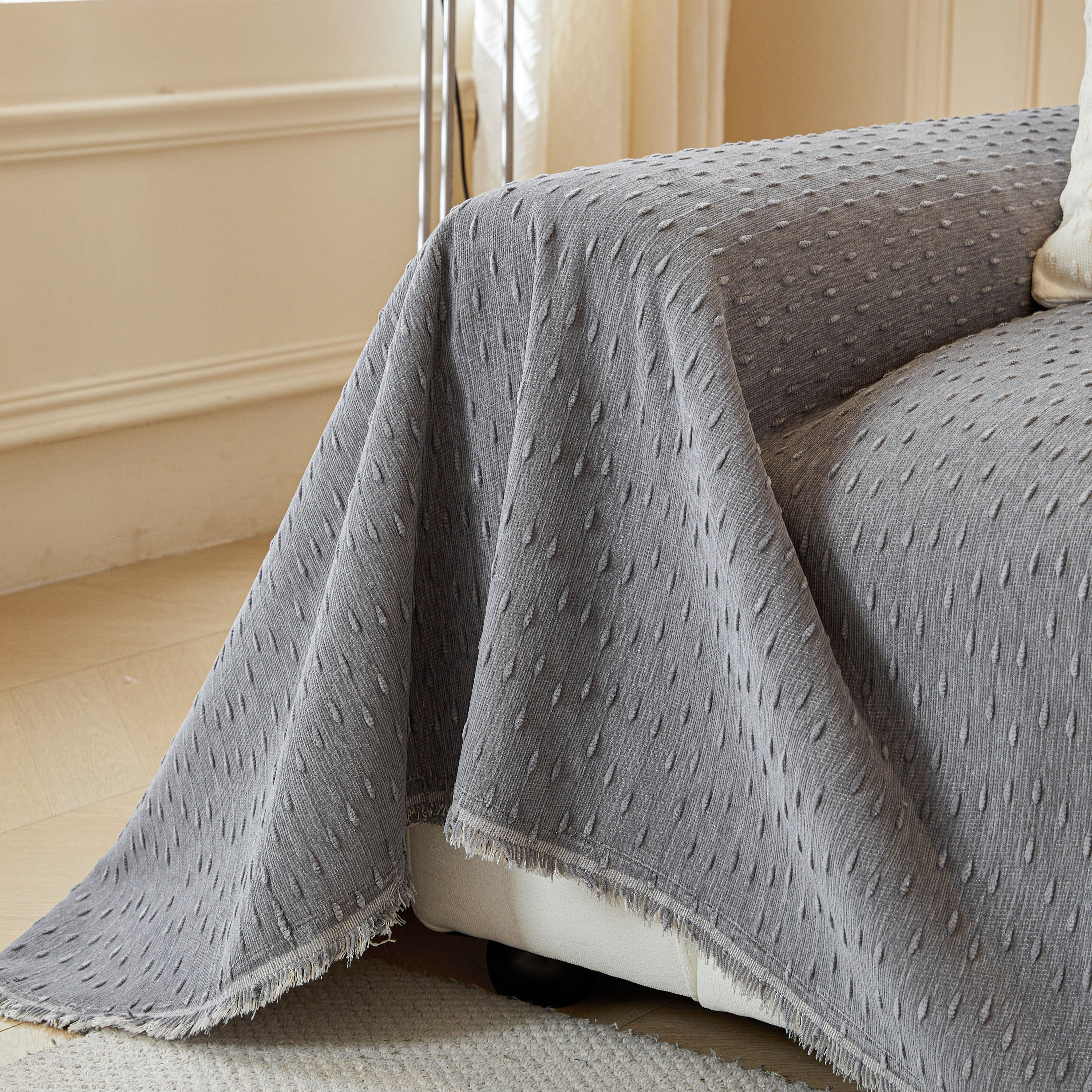 Textured Chenille Sofa Cover with Fringe Trim