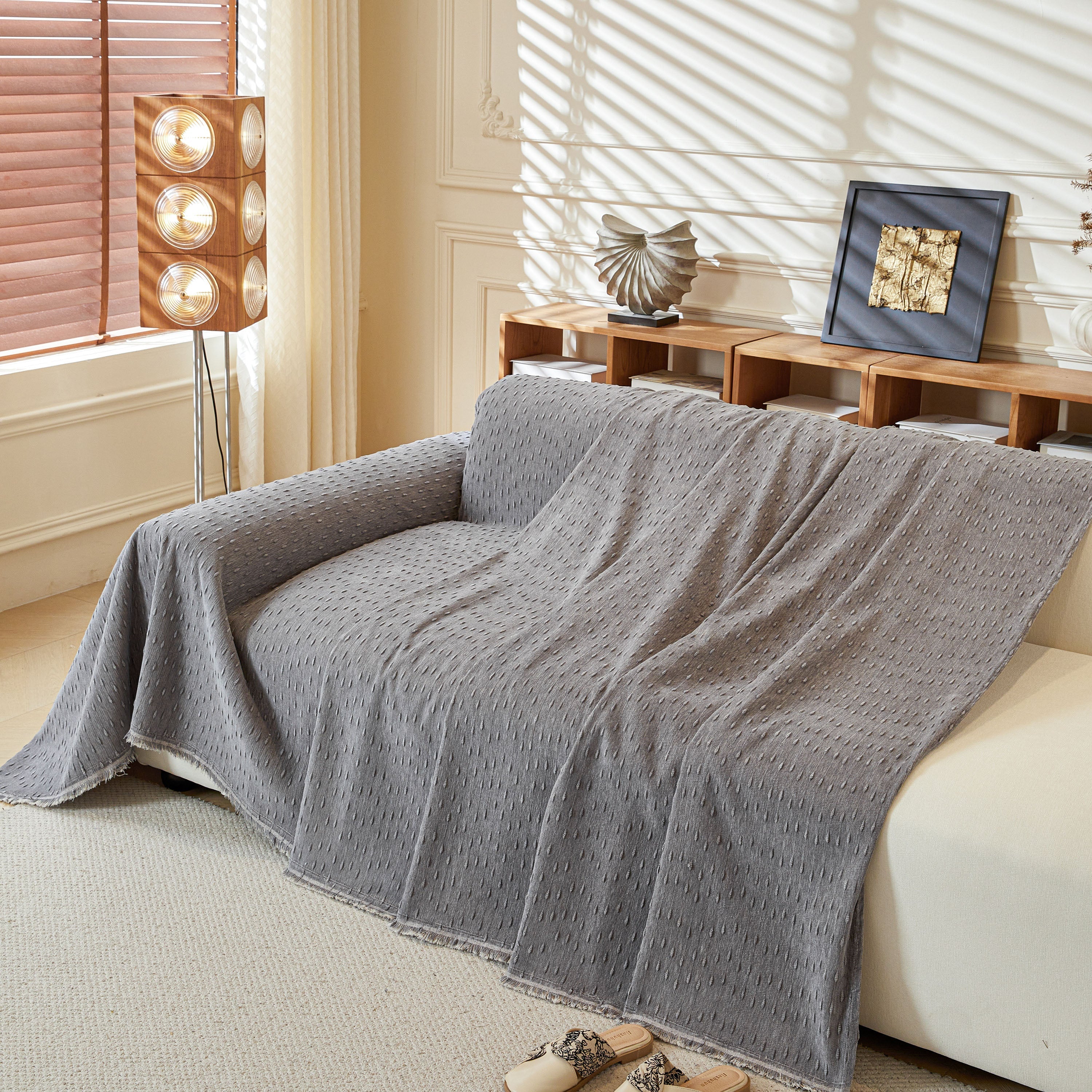 Textured Chenille Sofa Cover with Fringe Trim