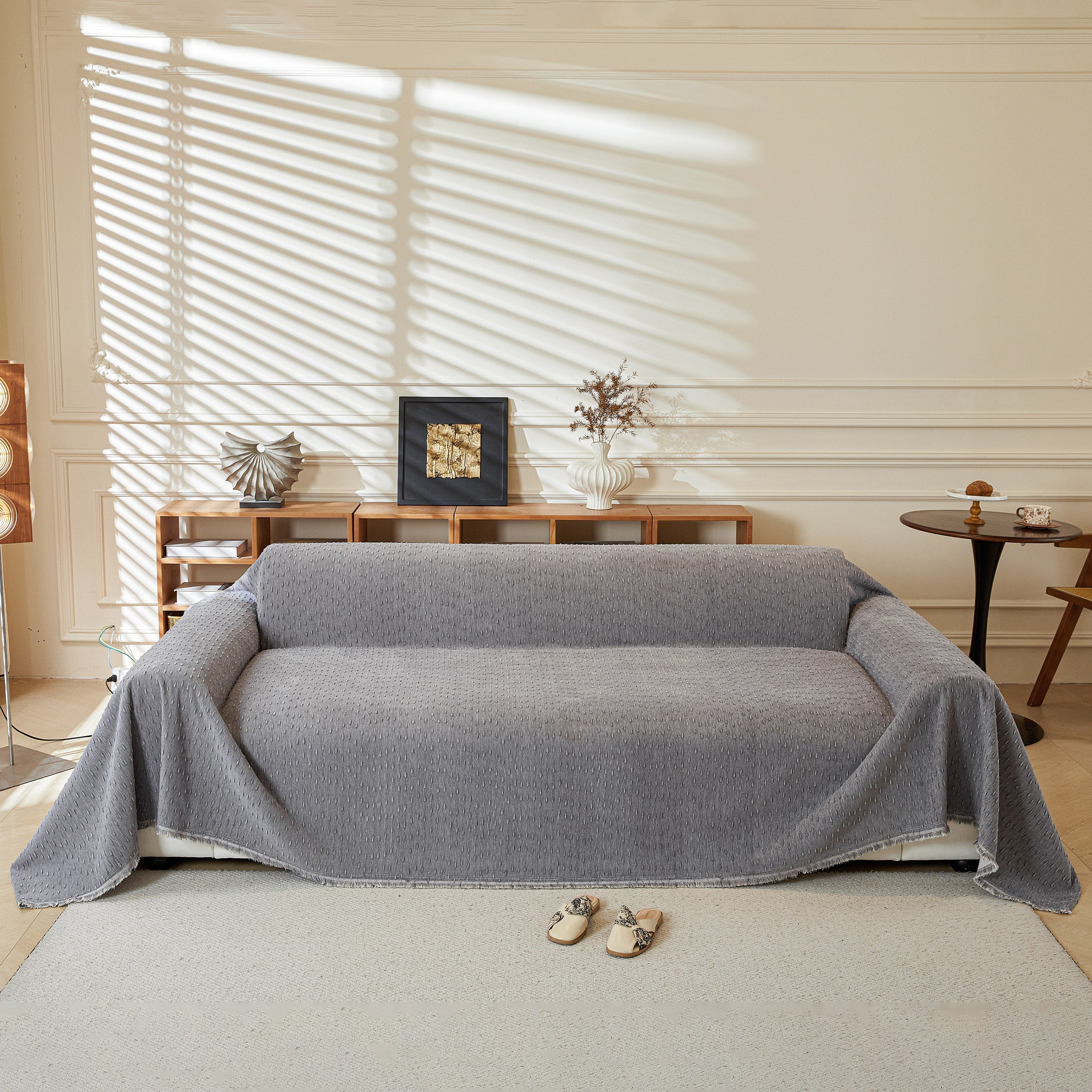 Textured Chenille Sofa Cover with Fringe Trim