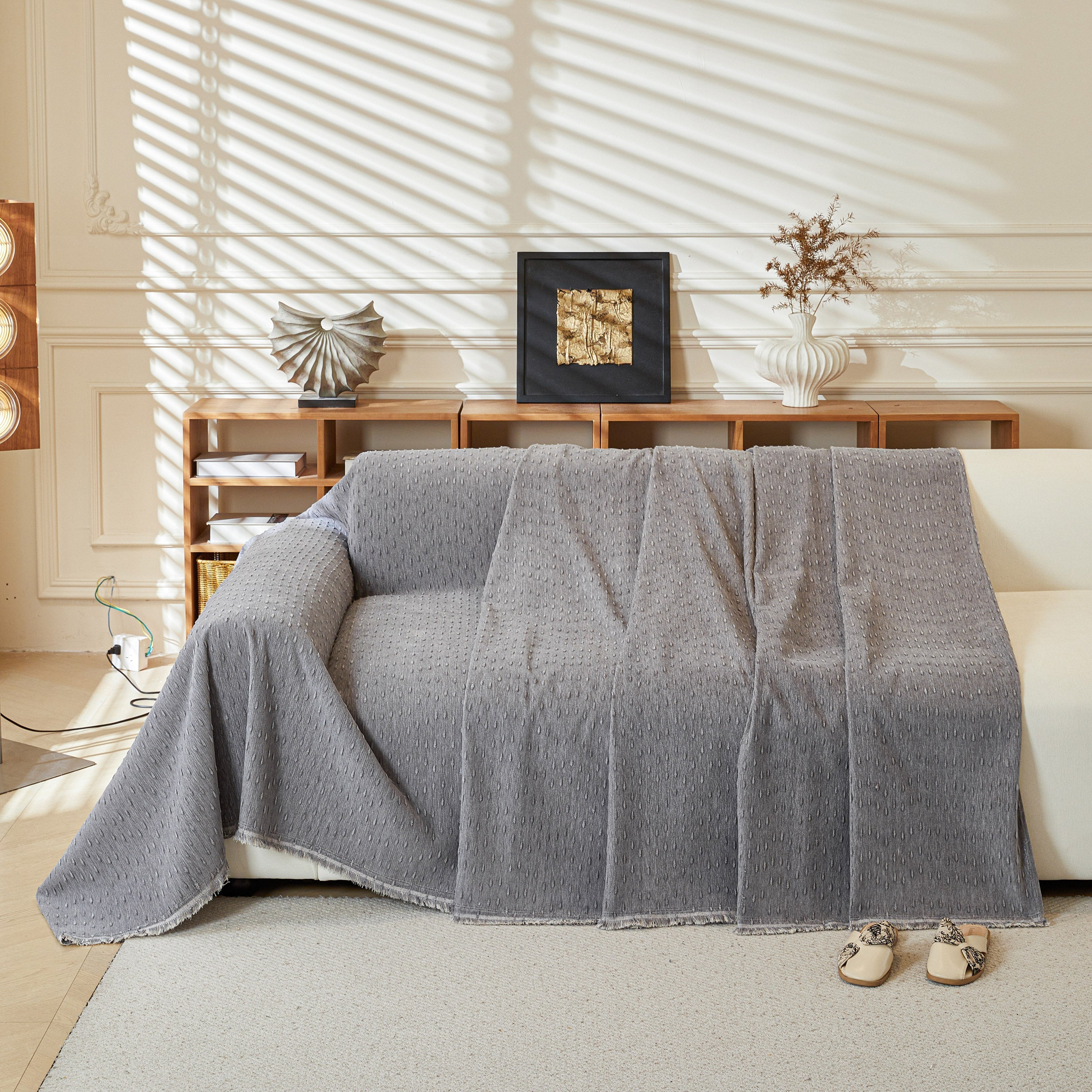 Textured Chenille Sofa Cover with Fringe Trim