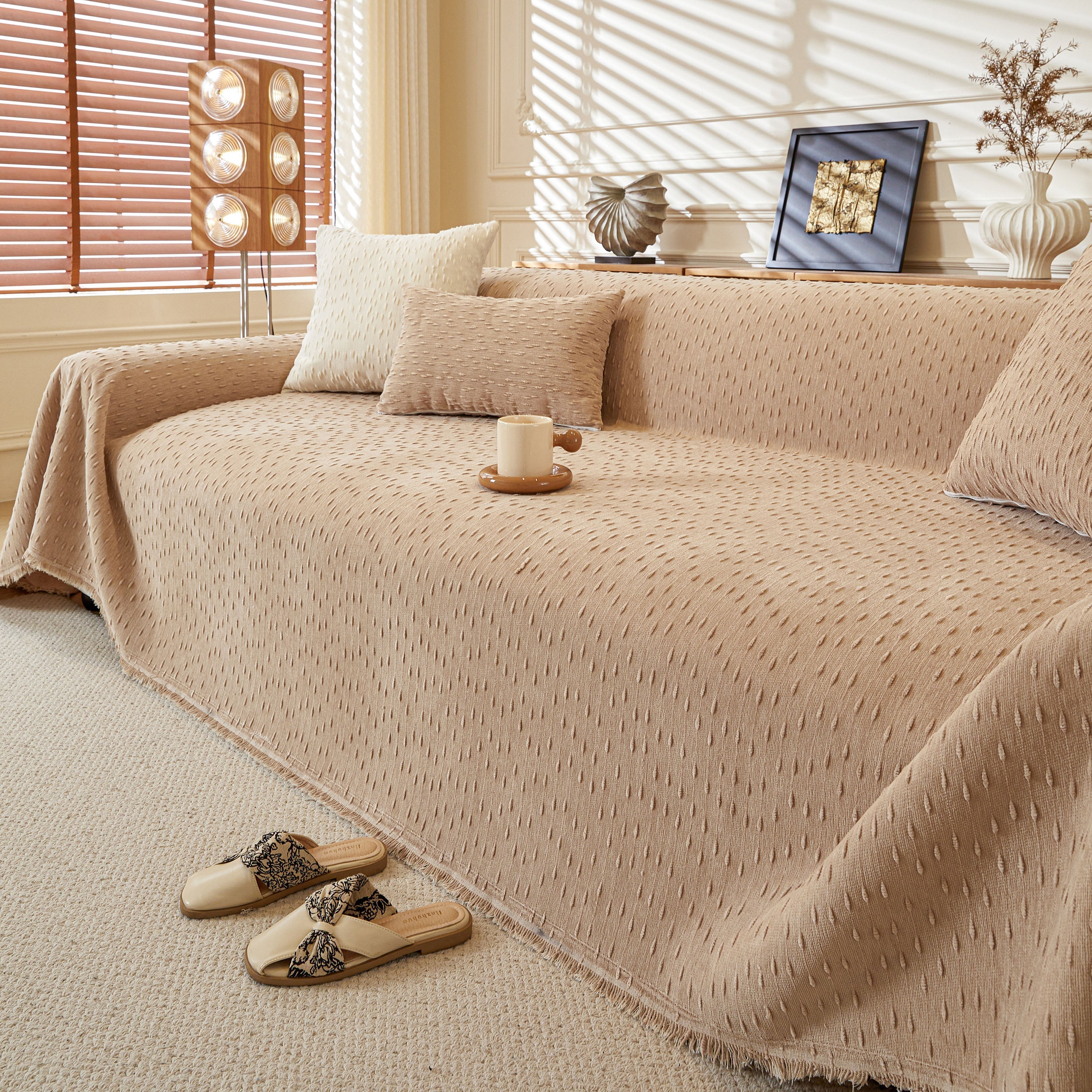 Textured Chenille Sofa Cover with Fringe Trim