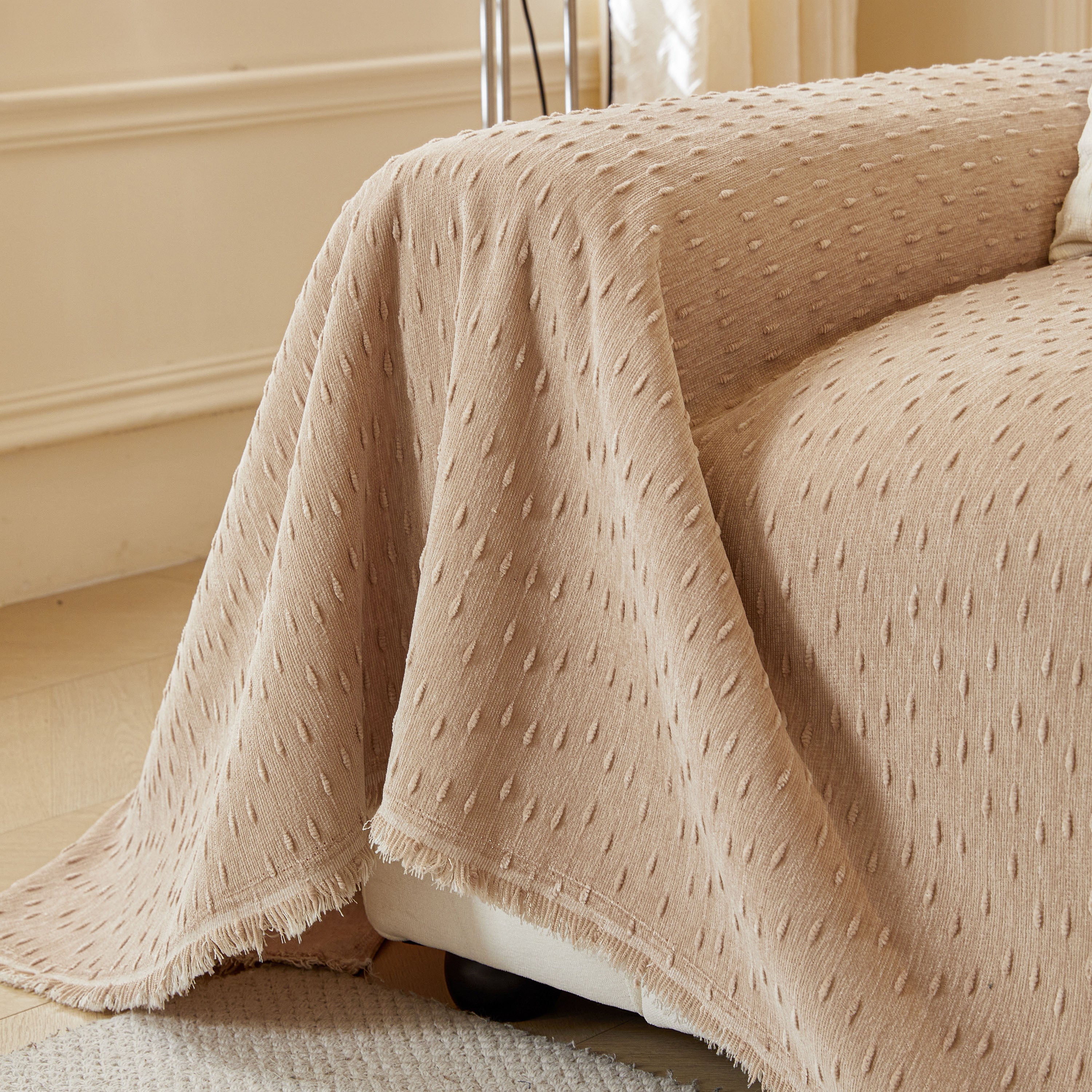 Textured Chenille Sofa Cover with Fringe Trim