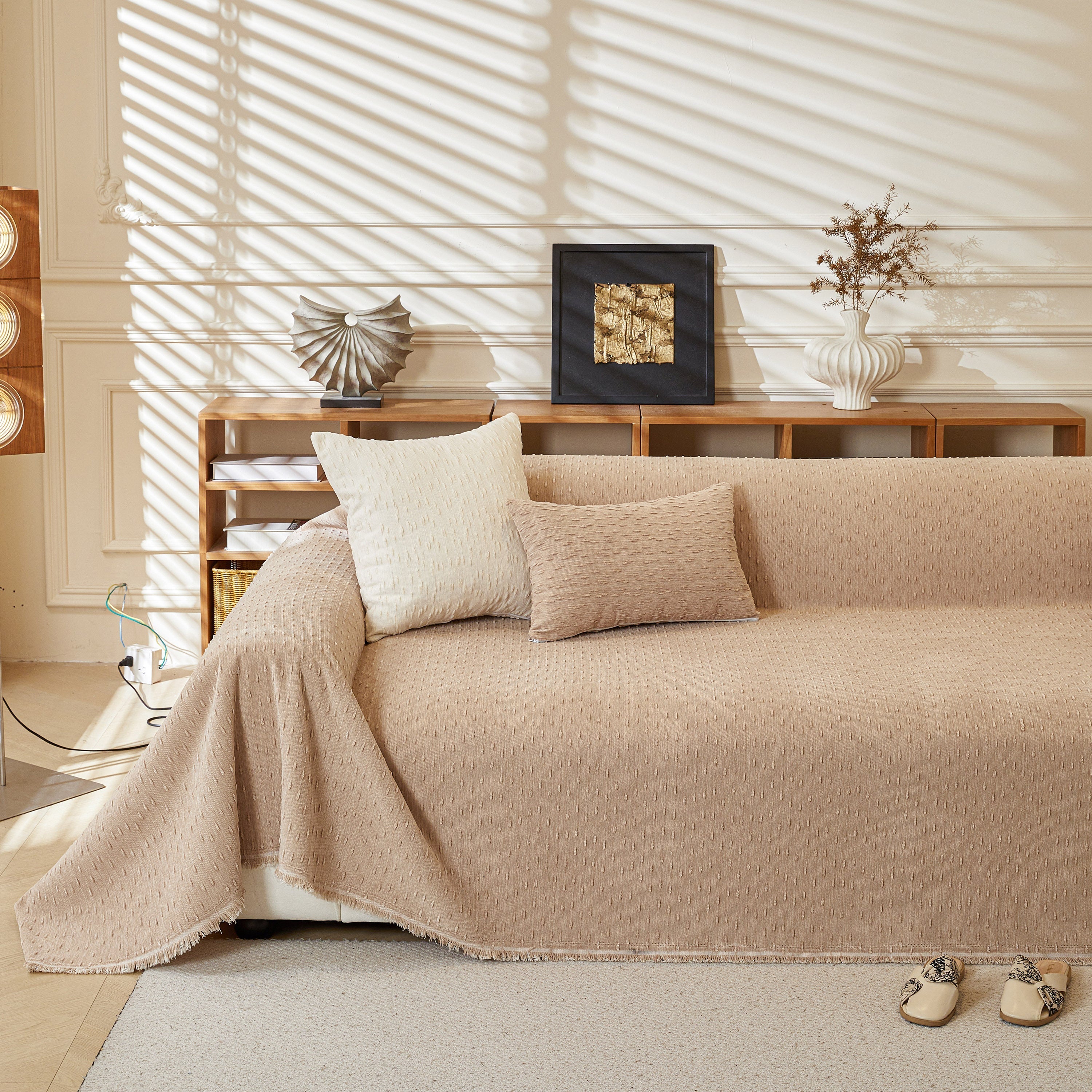 Textured Chenille Sofa Cover with Fringe Trim
