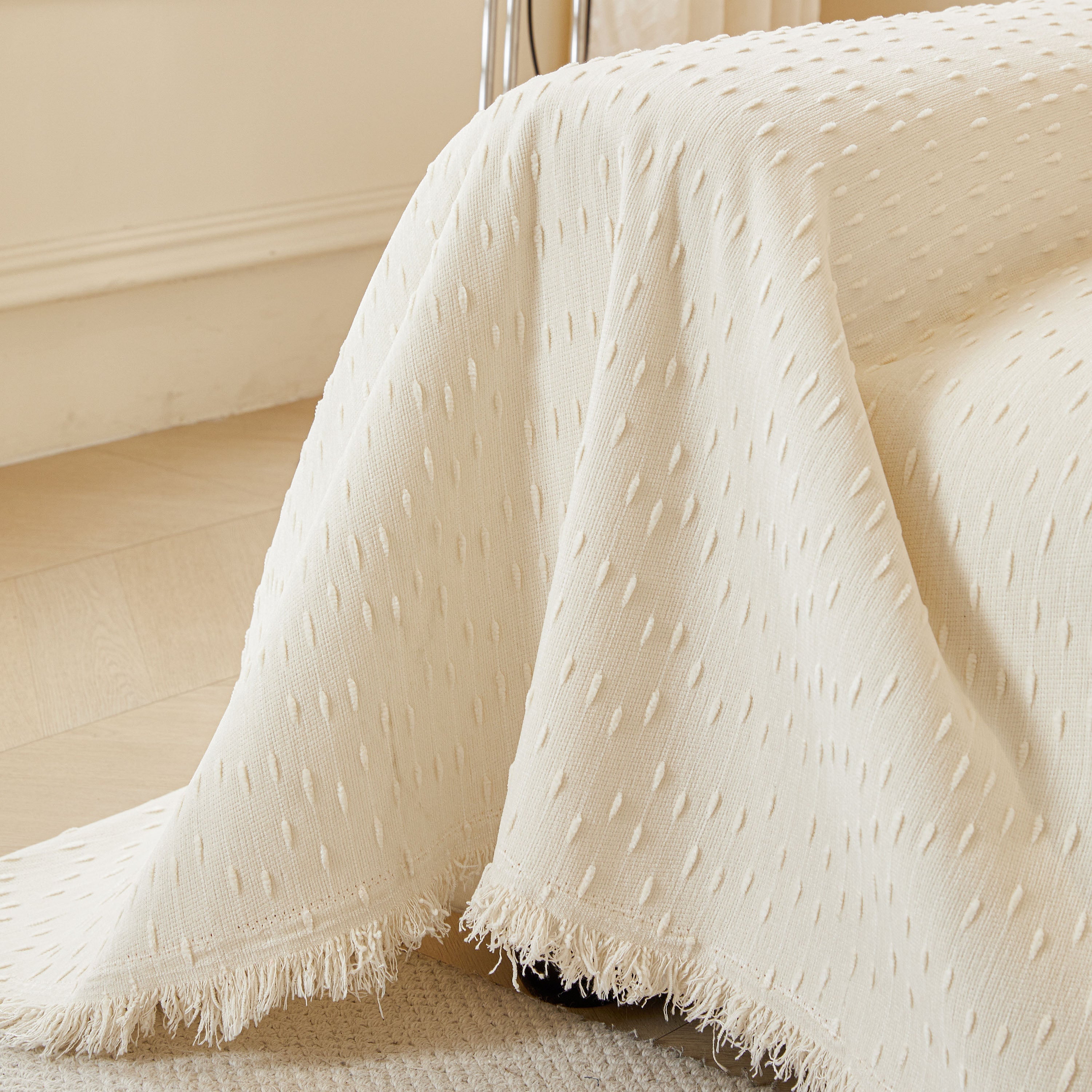 Textured Chenille Sofa Cover with Fringe Trim