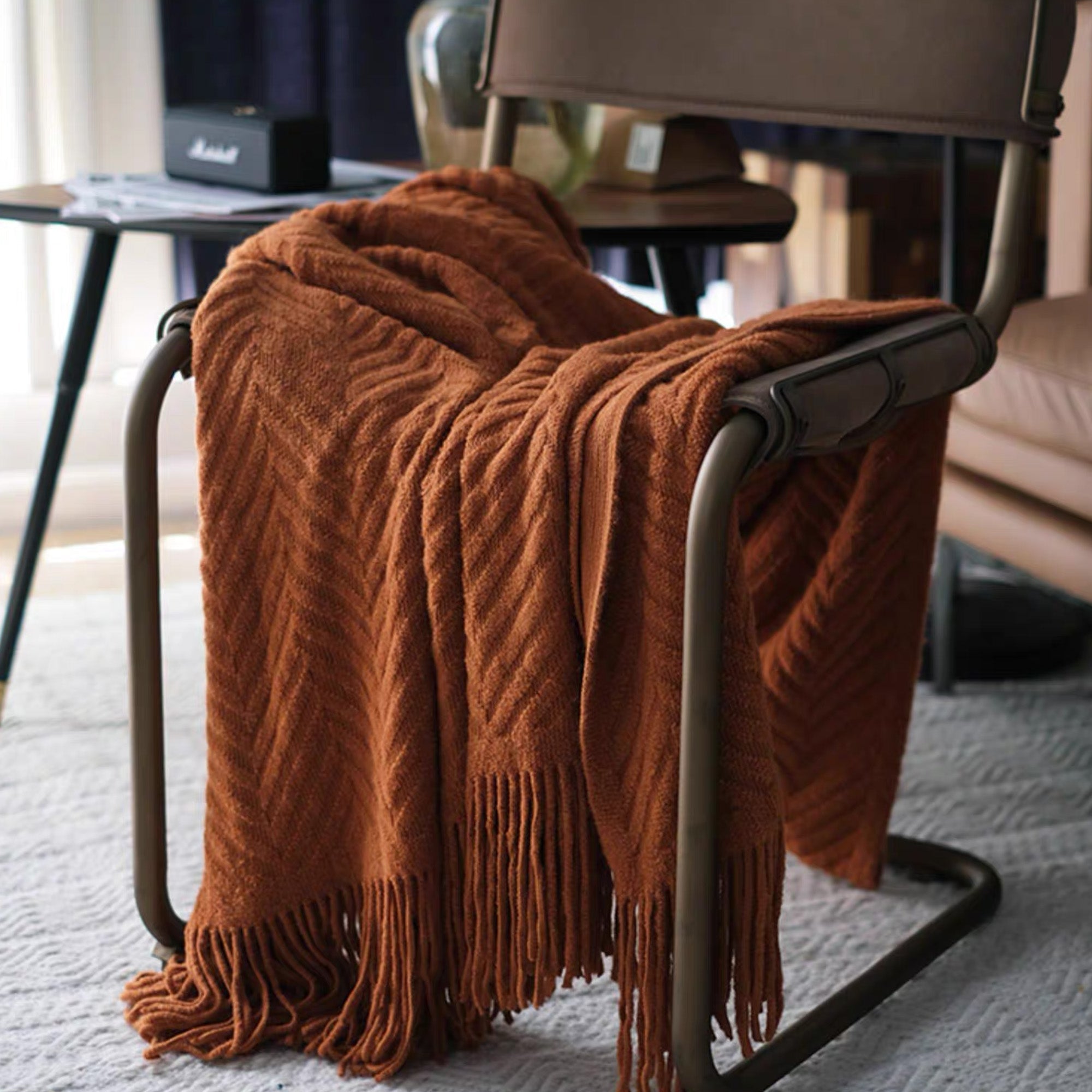 Textured Geometric Throw Blanket with Fringe