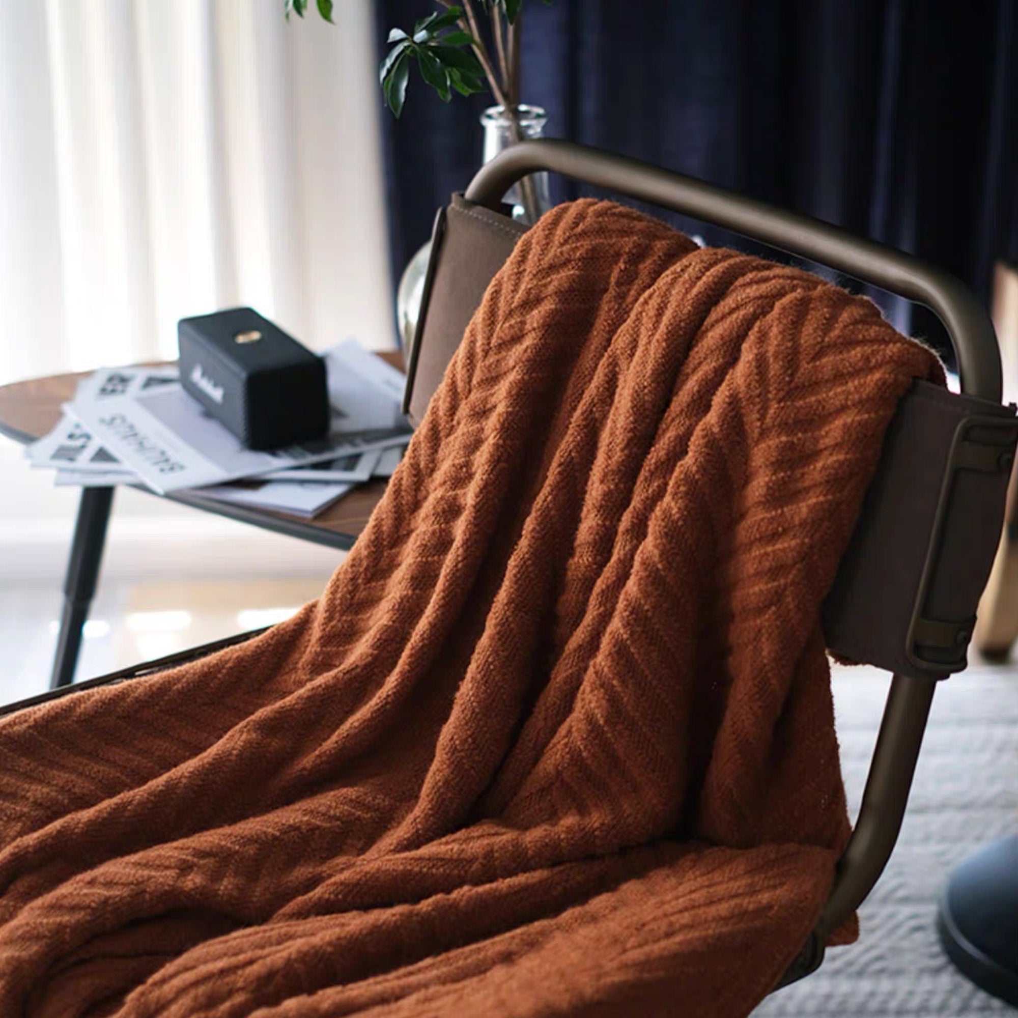 Textured Geometric Throw Blanket with Fringe