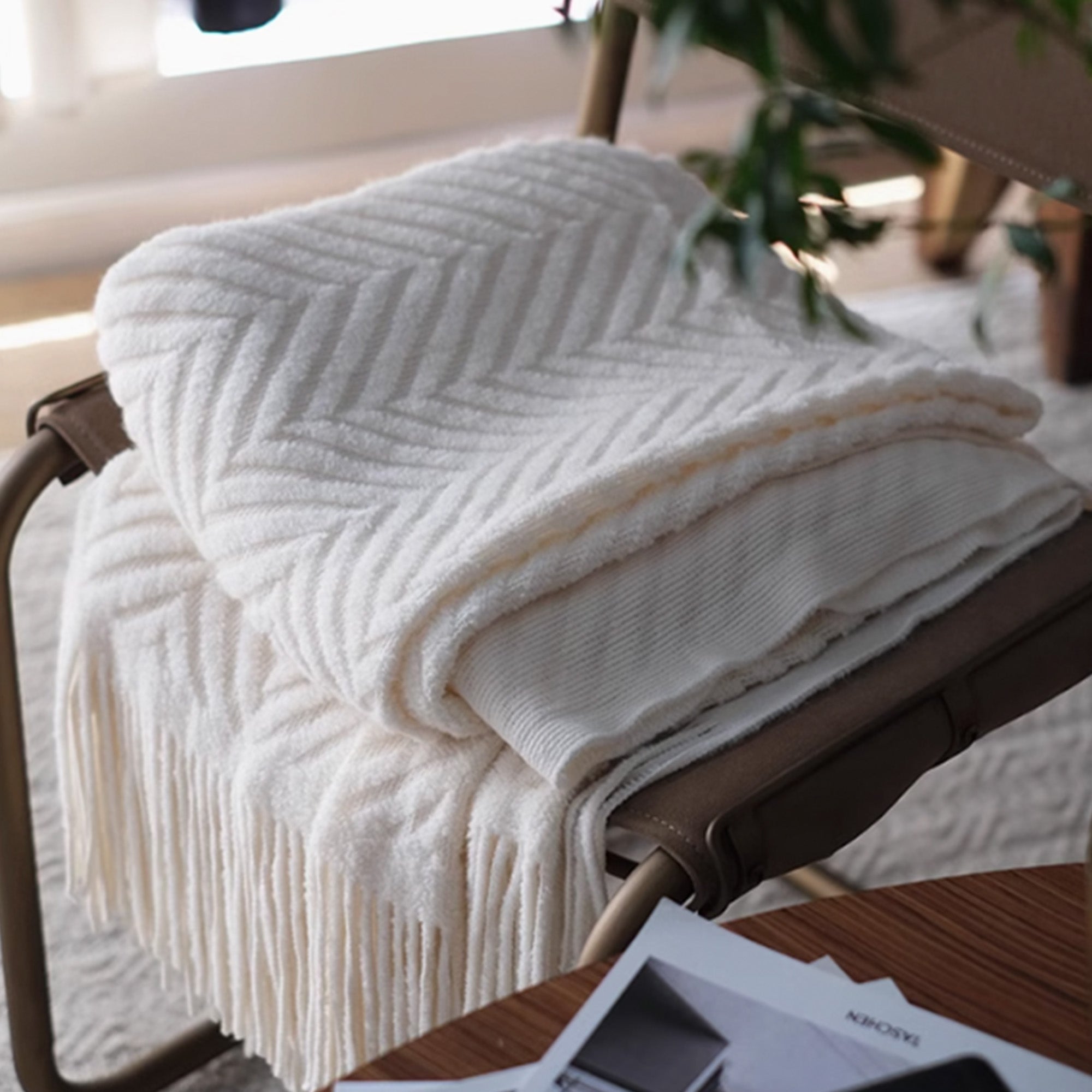 Textured Geometric Throw Blanket with Fringe