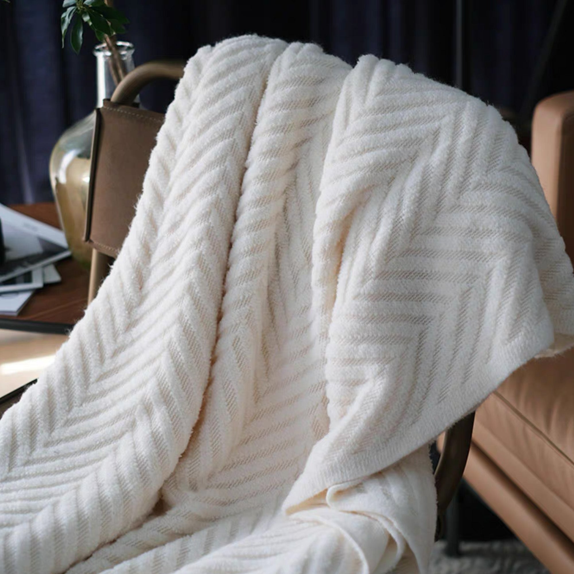 Textured Geometric Throw Blanket with Fringe