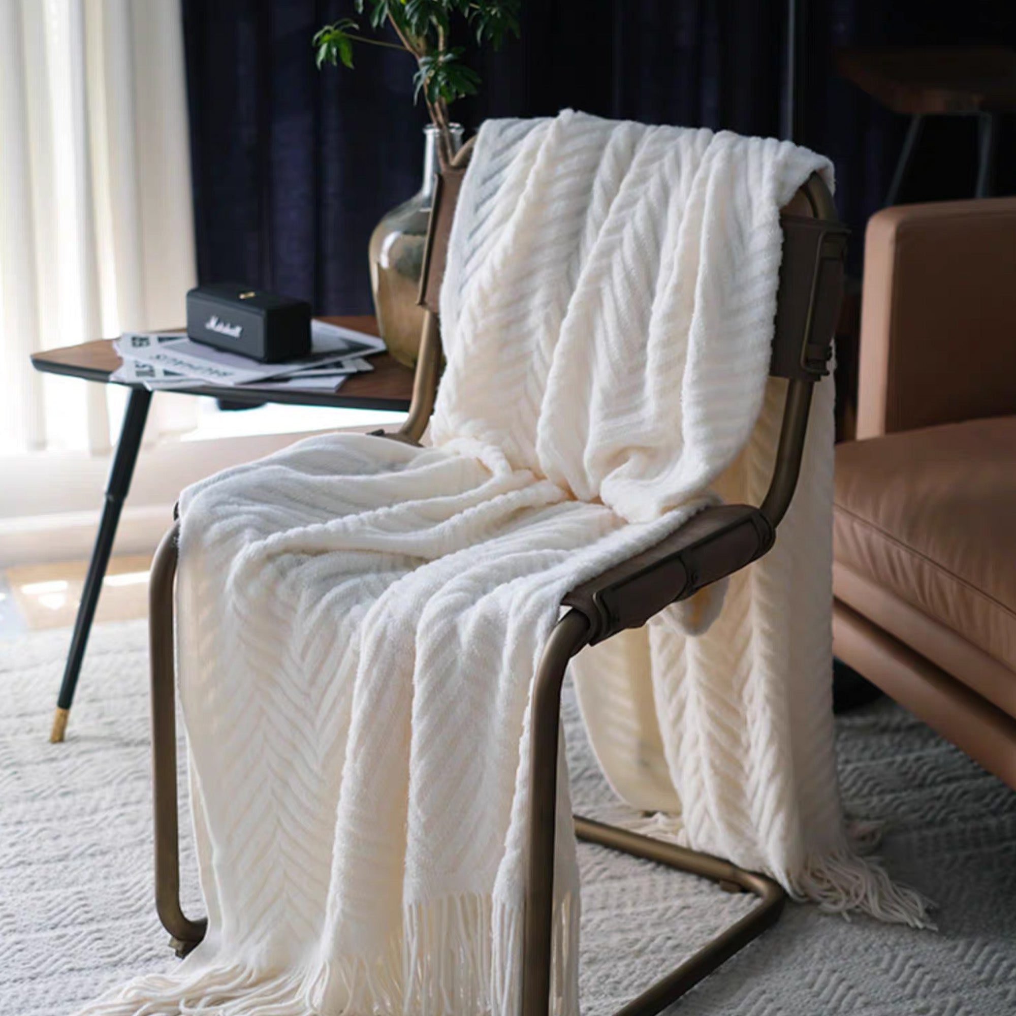Textured Geometric Throw Blanket with Fringe