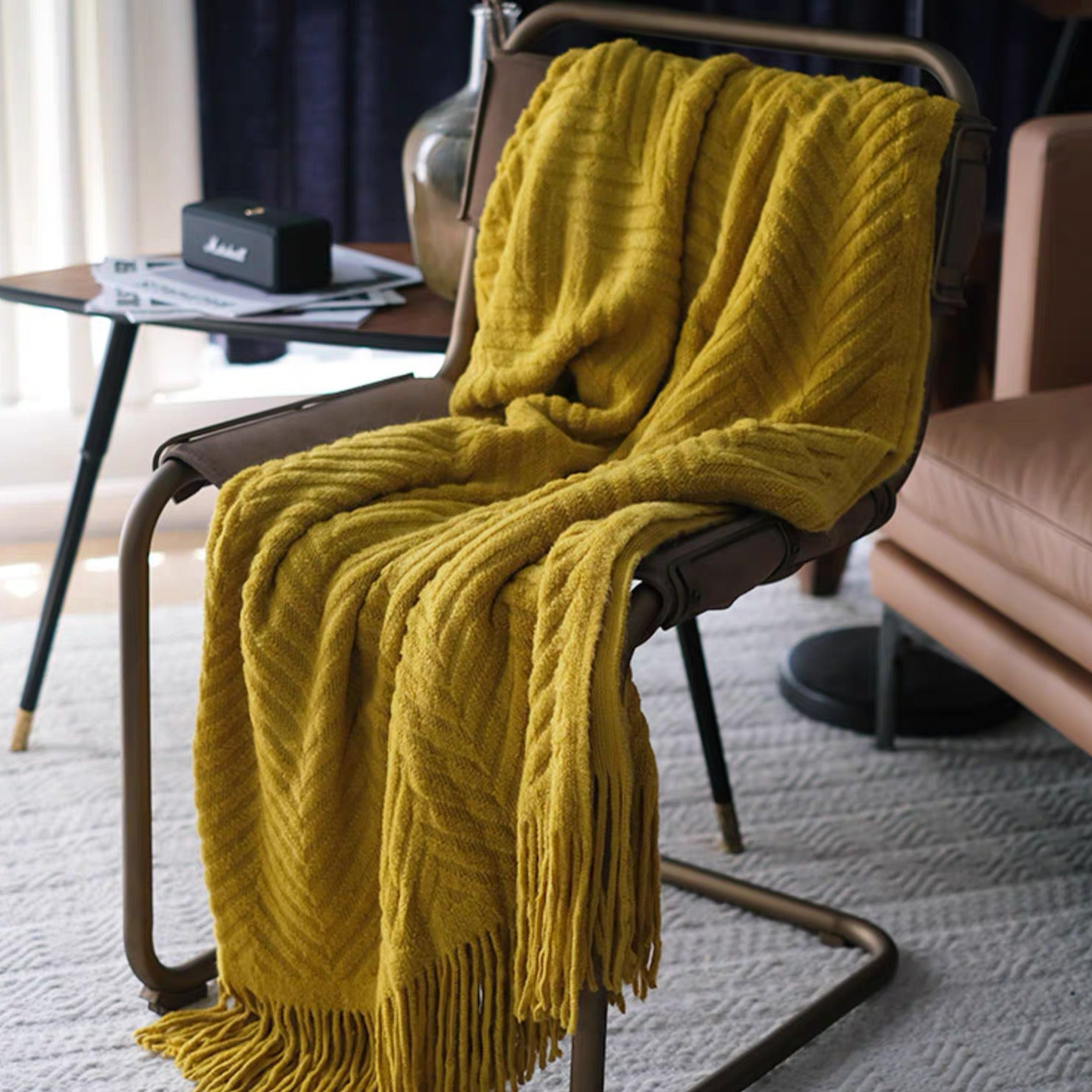 Textured Geometric Throw Blanket with Fringe